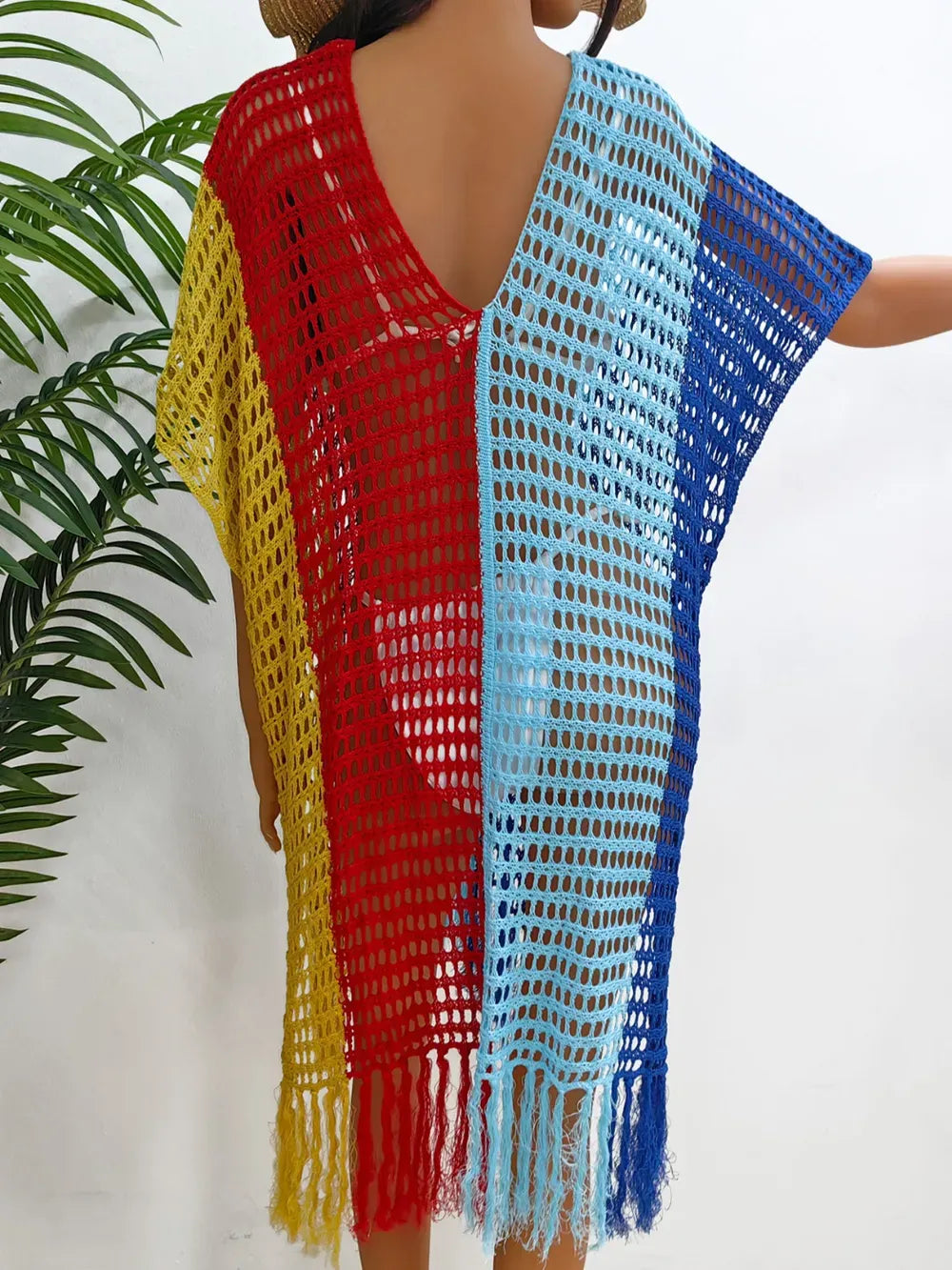 Fashorio Fringe Color Block Scoop Neck Cover Up