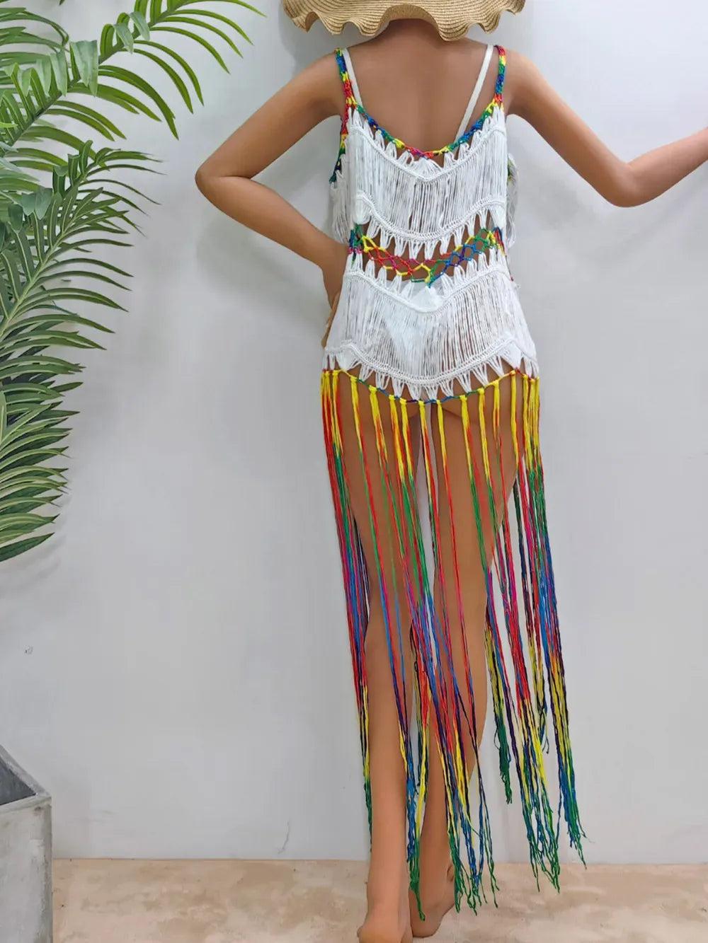 Fashorio Fringe Scoop Neck Spaghetti Strap Cover-Up