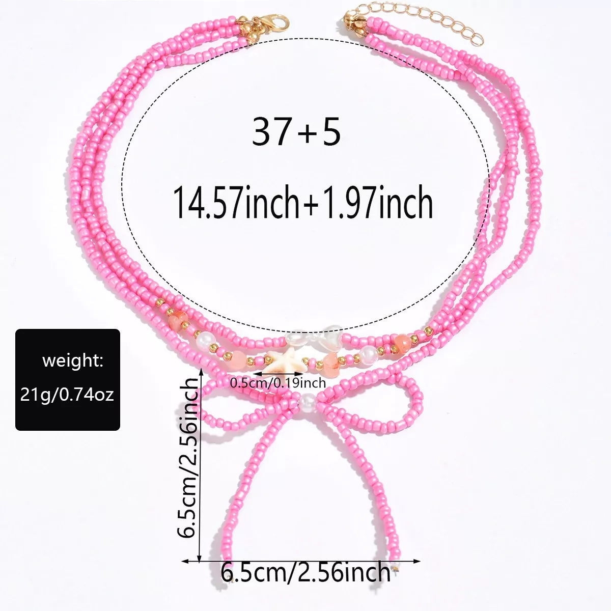 Fashorio Fuchsia Pink / onesize Beaded Three-Layered Necklace with Bow and Starfish Charms