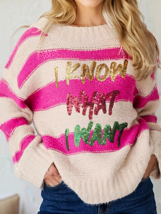 Sequin Letter Graphic Colorblock Loose Sweater Fuchsia Pink - Fashorio