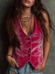 Fashorio Fuchsia Pink / S Velvet Button-Down Vest Coat