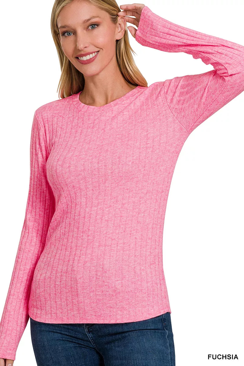 Fashorio FUCHSIA / S Zenana Ribbed Long Sleeve Round Neck T-Shirt