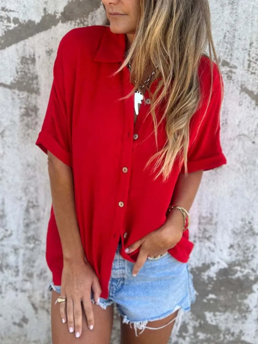 Fashorio Full Size Collared Neck Half Sleeve Shirt Plus Size