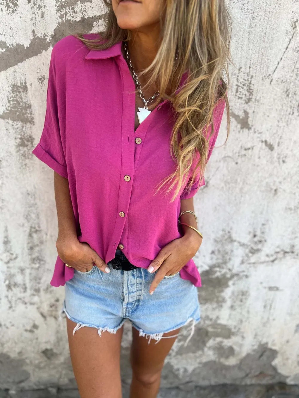 Fashorio Full Size Collared Neck Half Sleeve Shirt Plus Size