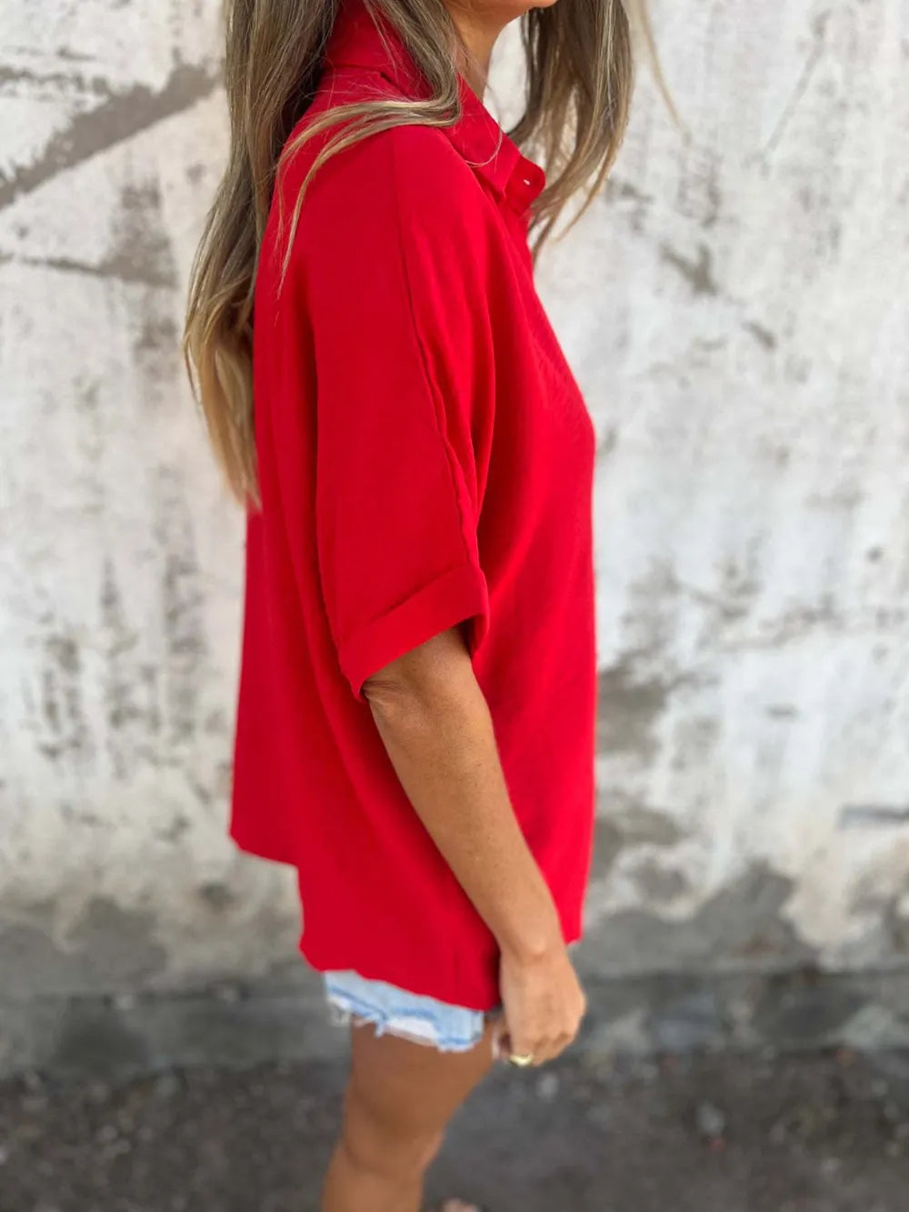 Fashorio Full Size Collared Neck Half Sleeve Shirt Plus Size