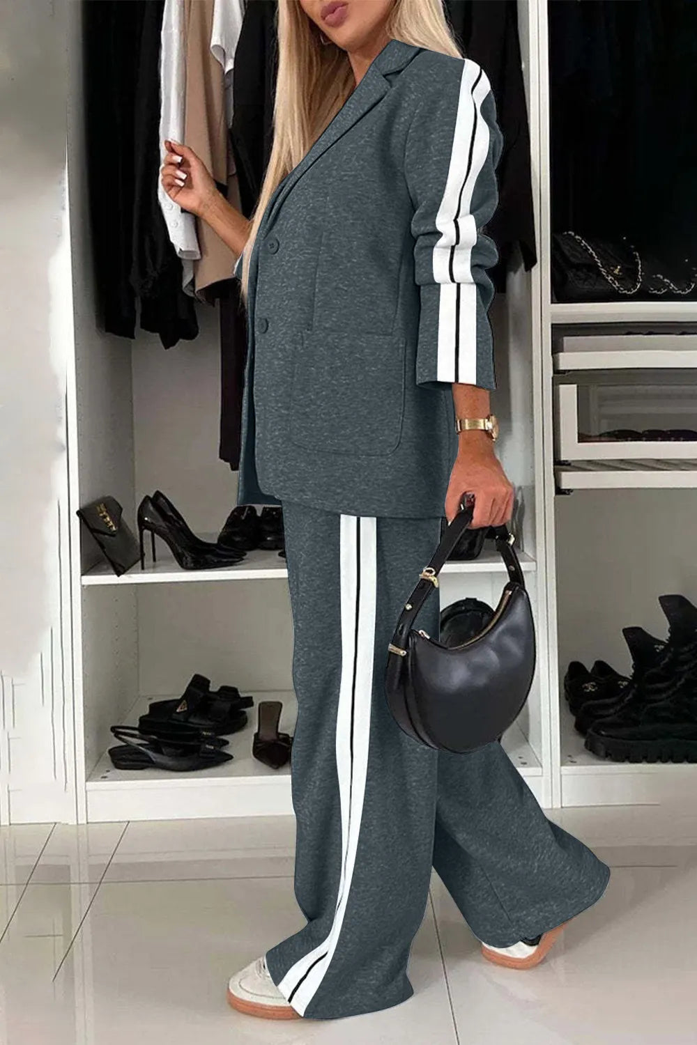 Fashorio Full Size Contrast Lapel Collar Top and Pants Set