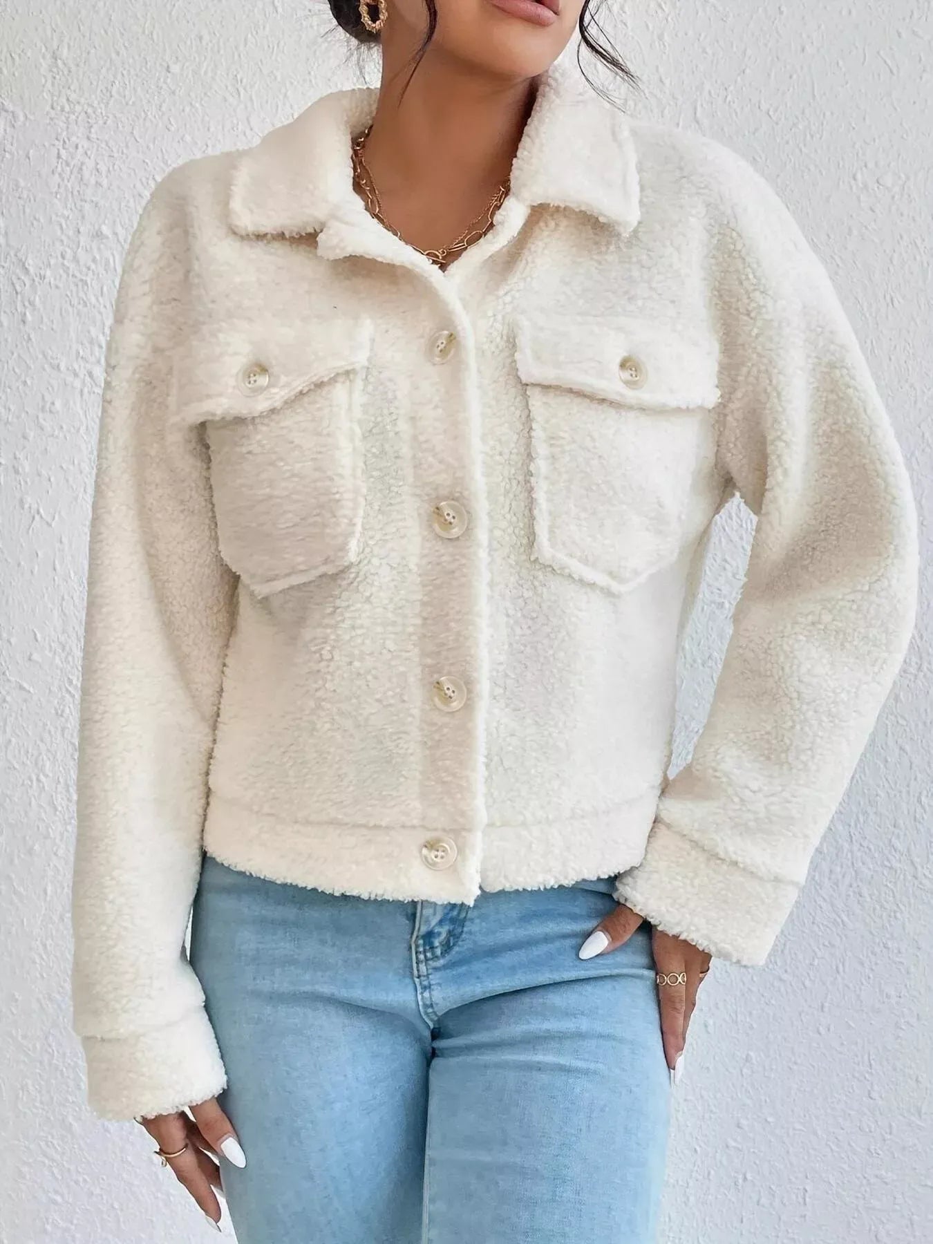 Fashorio Full Size Cozy Faux Shearling Button-Up Jacket Plus Size