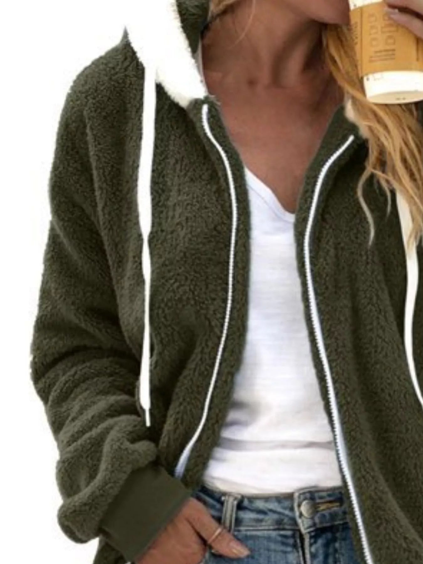 Fashorio Full Size Cozy Fleece Zip-Up Hooded Jacket Plus Size