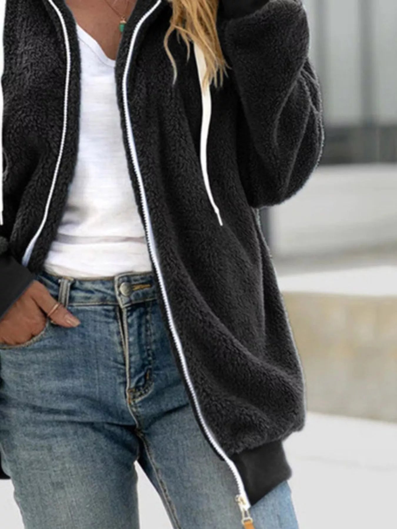 Fashorio Full Size Cozy Fleece Zip-Up Hooded Jacket Plus Size