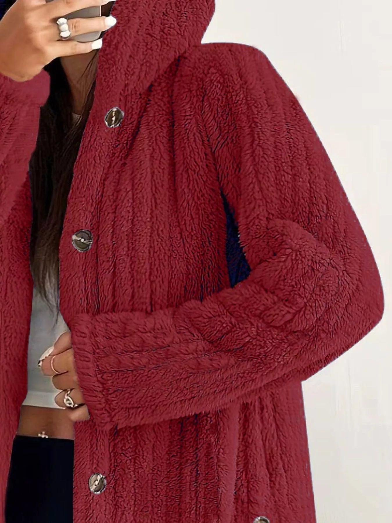 Fashorio Full Size Fleece Button Up Hooded Outerwear Plus Size