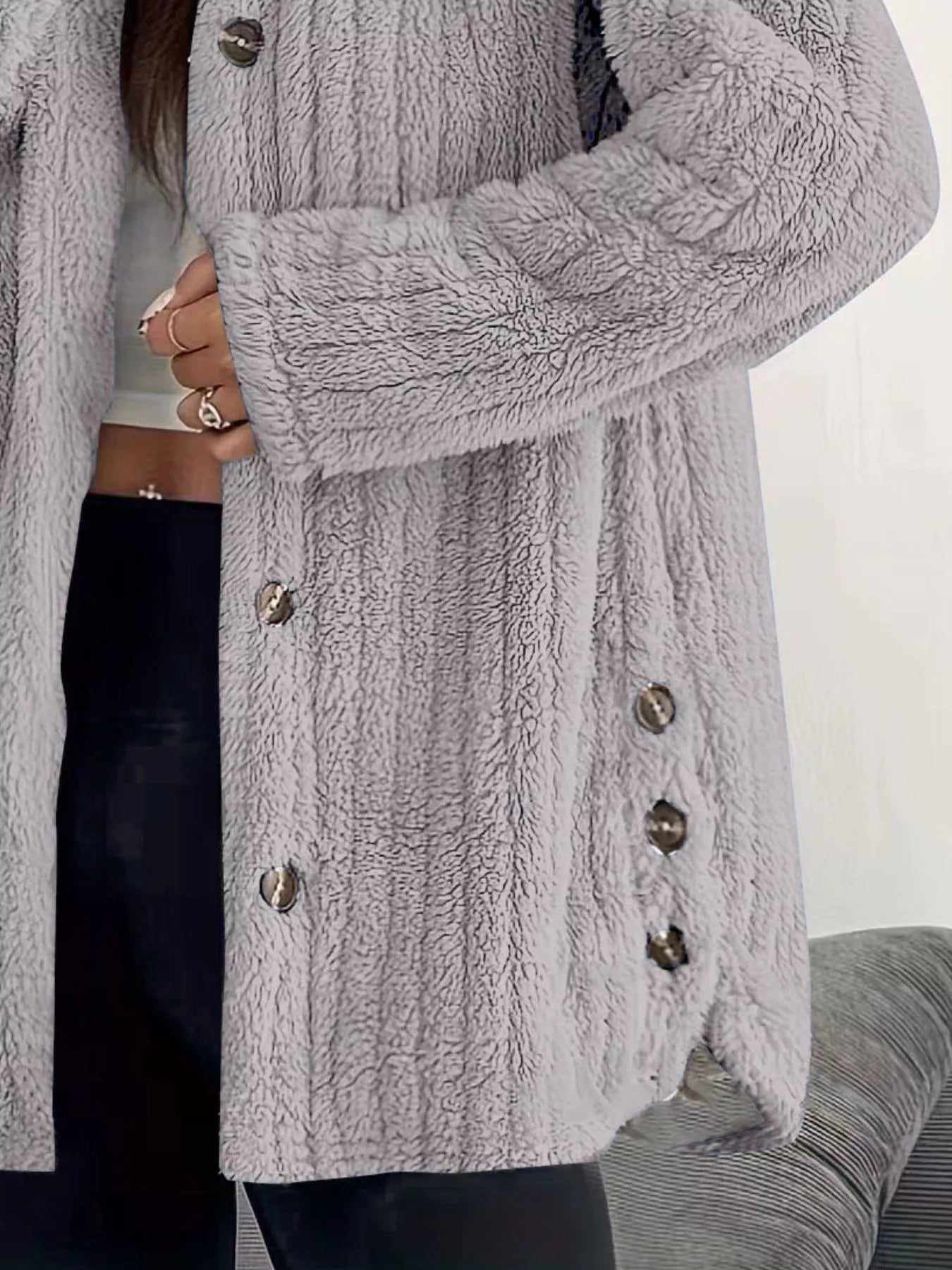 Fashorio Full Size Fleece Button Up Hooded Outerwear Plus Size