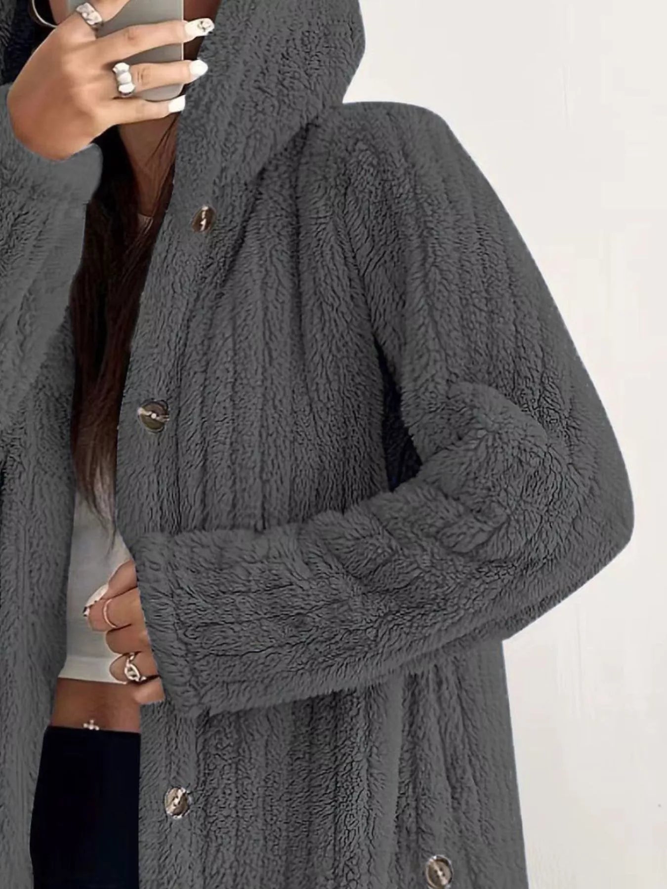 Fashorio Full Size Fleece Button Up Hooded Outerwear Plus Size