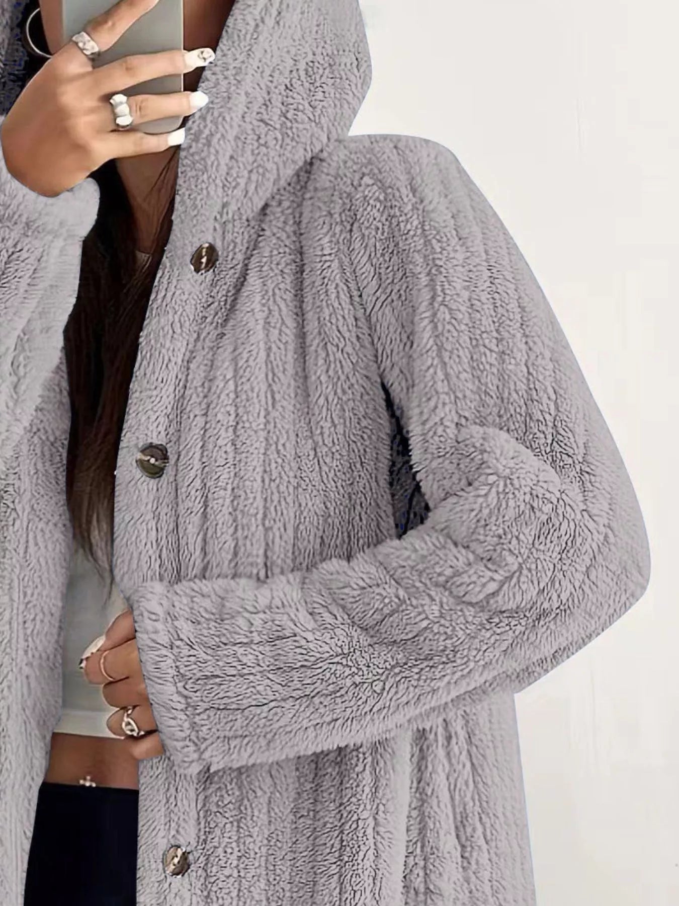 Fashorio Full Size Fleece Button Up Hooded Outerwear Plus Size