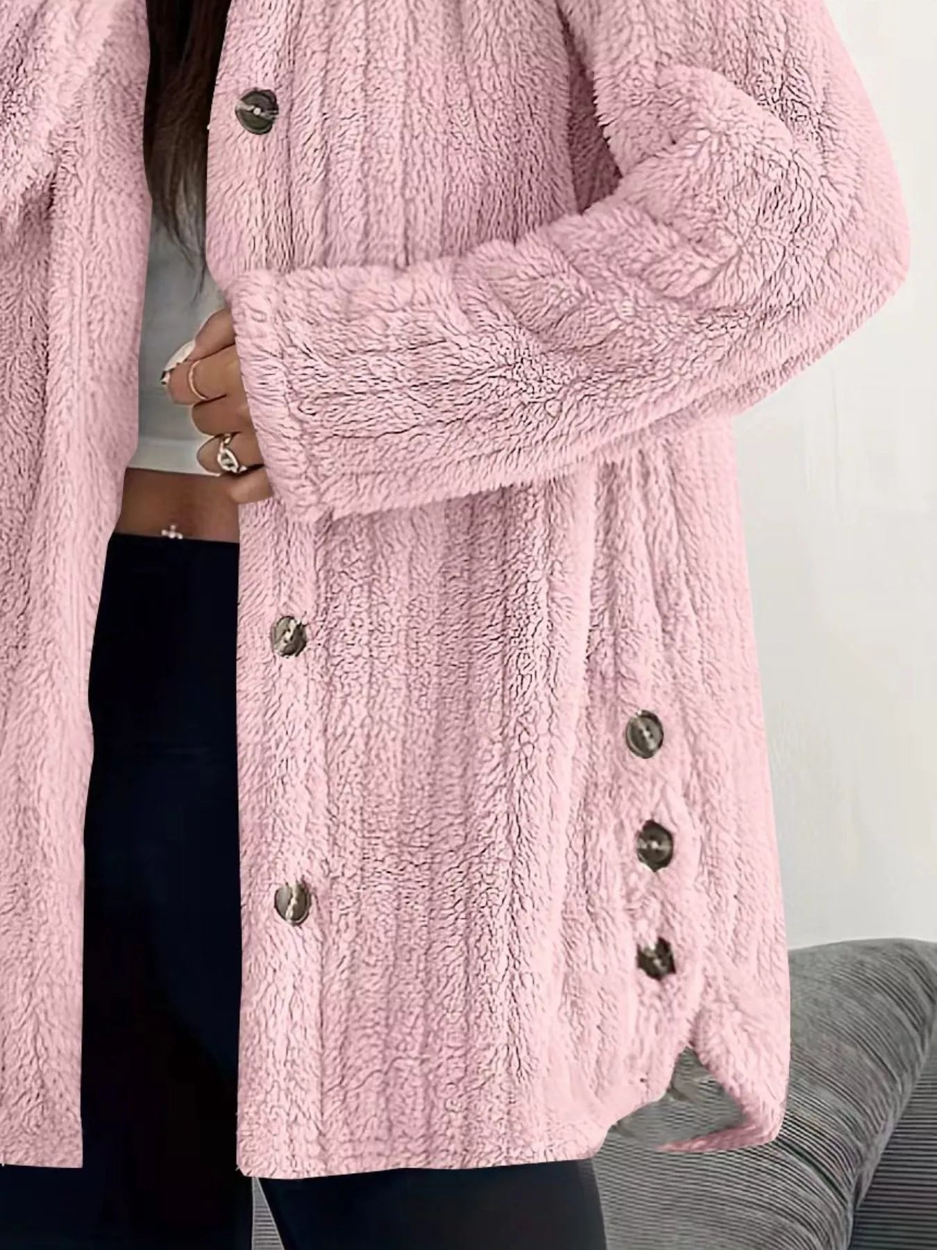 Fashorio Full Size Fleece Button Up Hooded Outerwear Plus Size