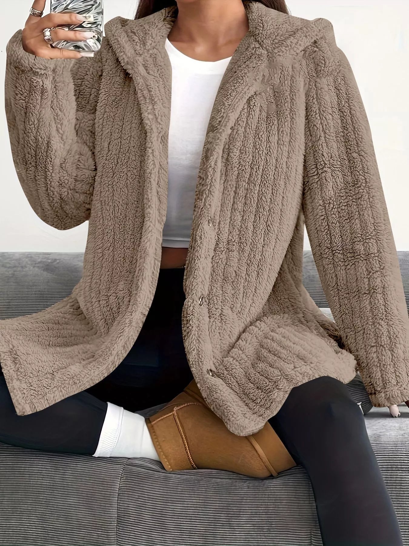 Fashorio Full Size Fleece Button Up Hooded Outerwear Plus Size