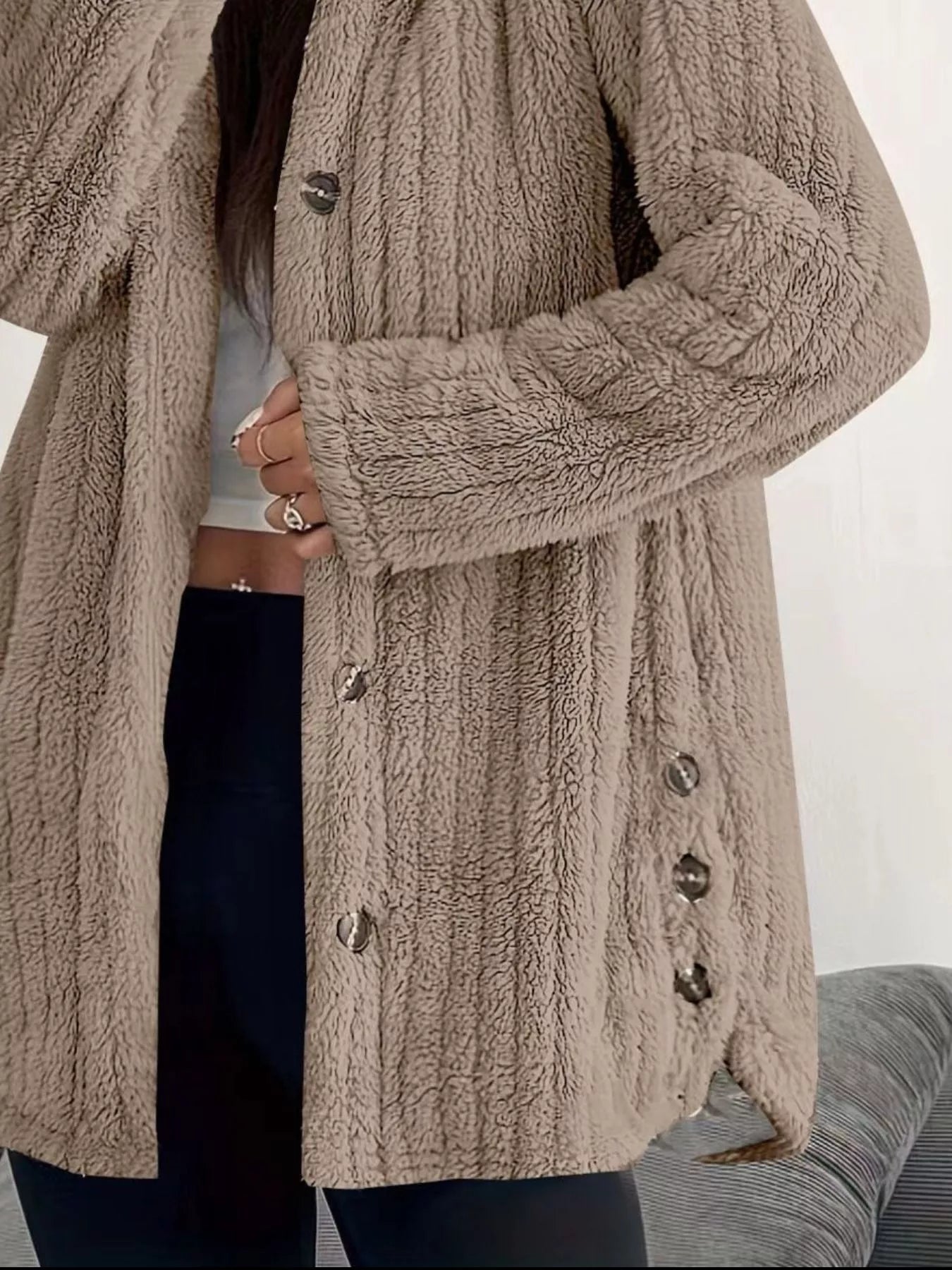 Fashorio Full Size Fleece Button Up Hooded Outerwear Plus Size