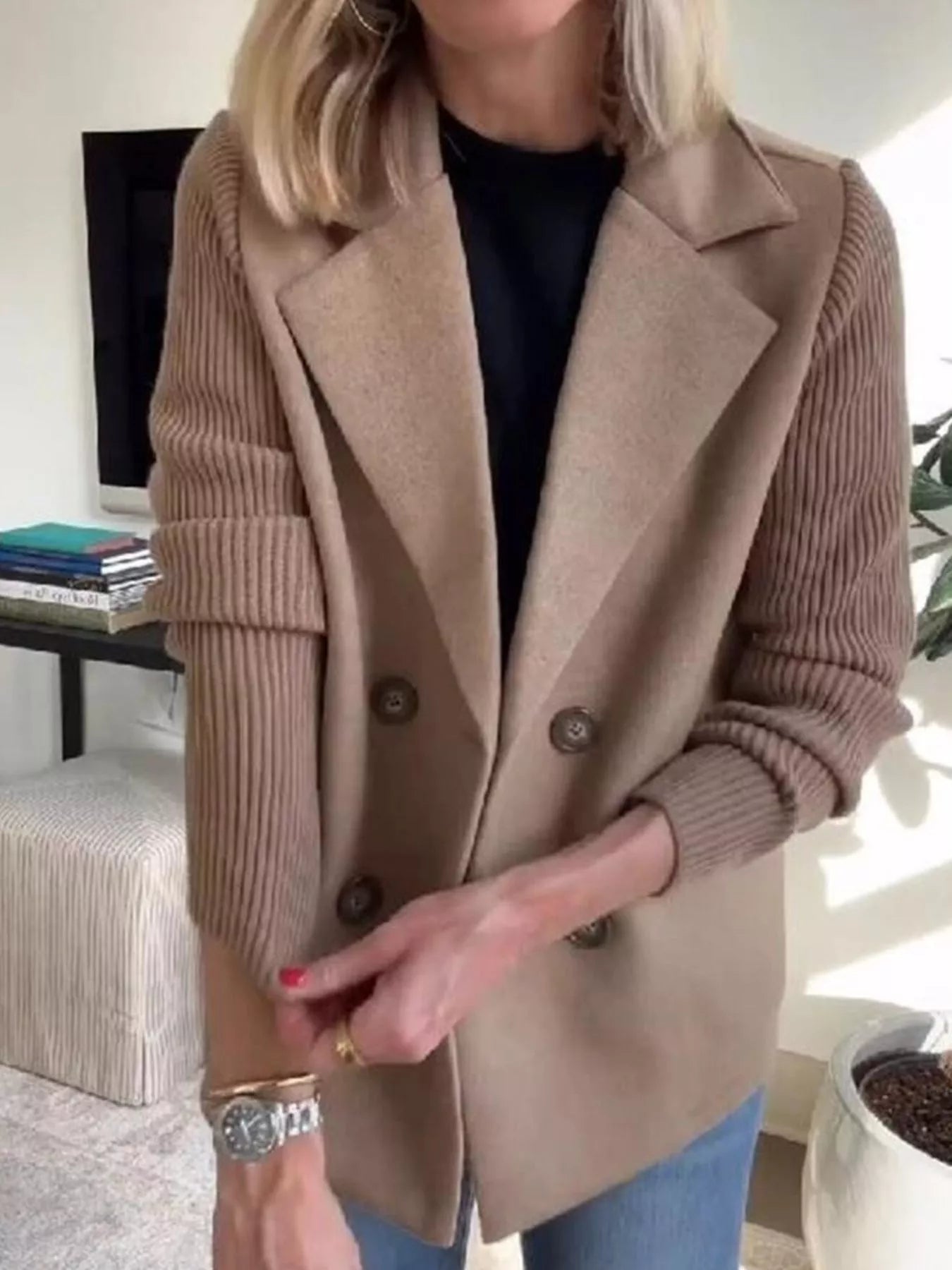 Fashorio Full Size Knit Sleeve Double-Breasted Outerwear Plus Size