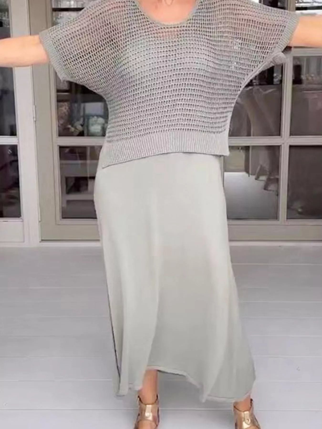 Fashorio Full Size Openwork Knit Cover Up and Dress Set Plus Size