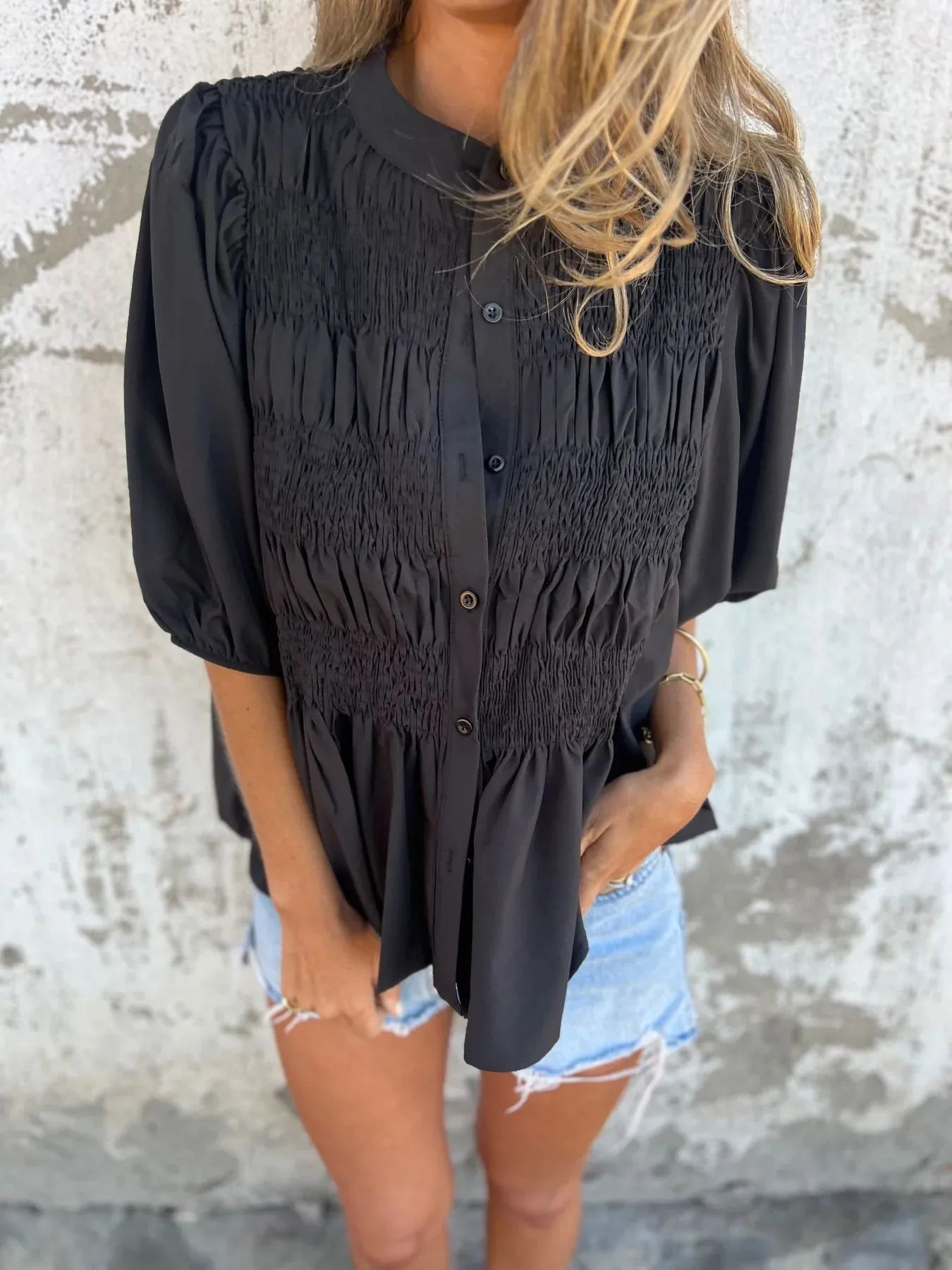 Fashorio Full Size Smocked Puff Sleeve Blouse Plus Size