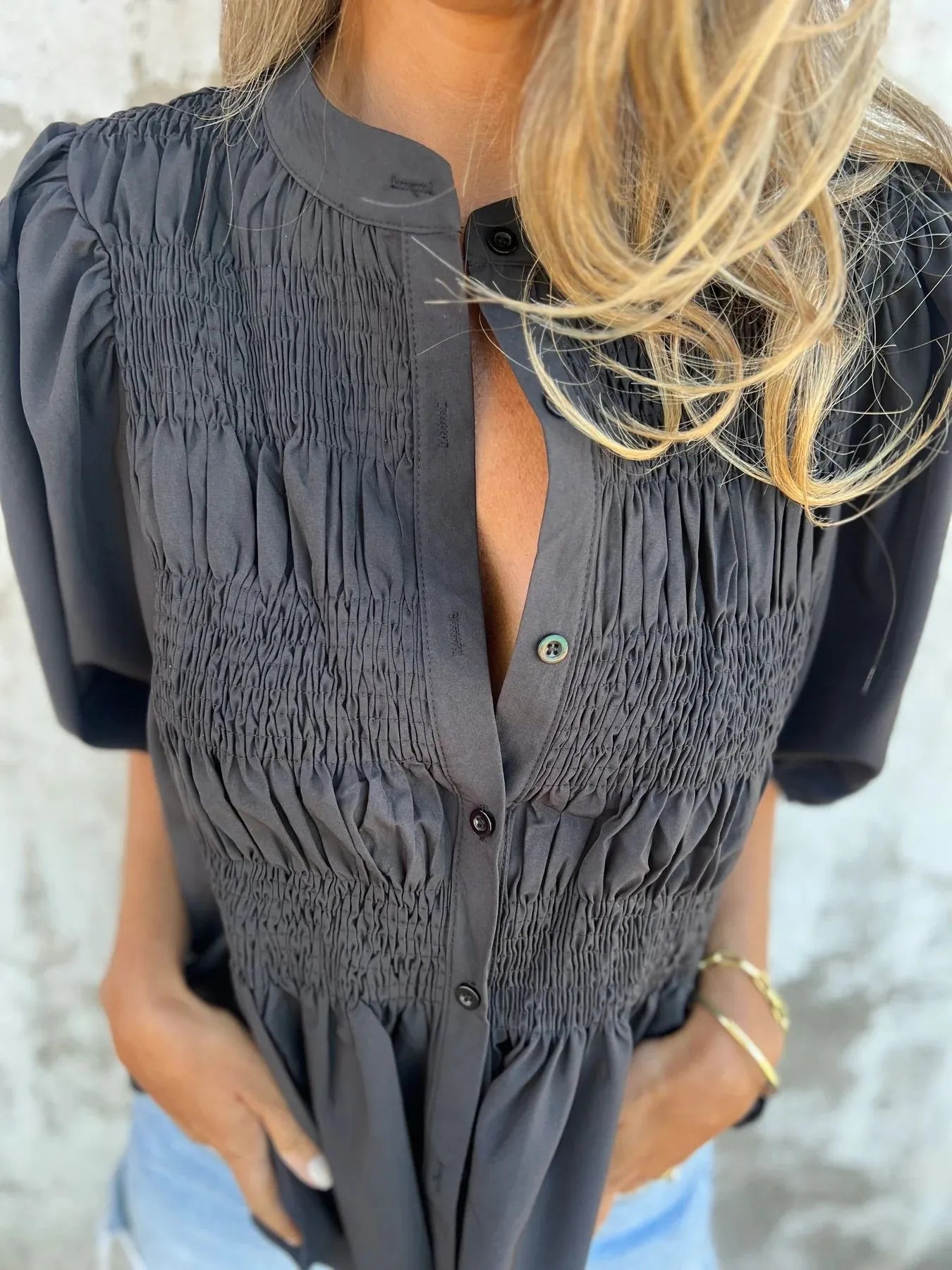 Fashorio Full Size Smocked Puff Sleeve Blouse Plus Size