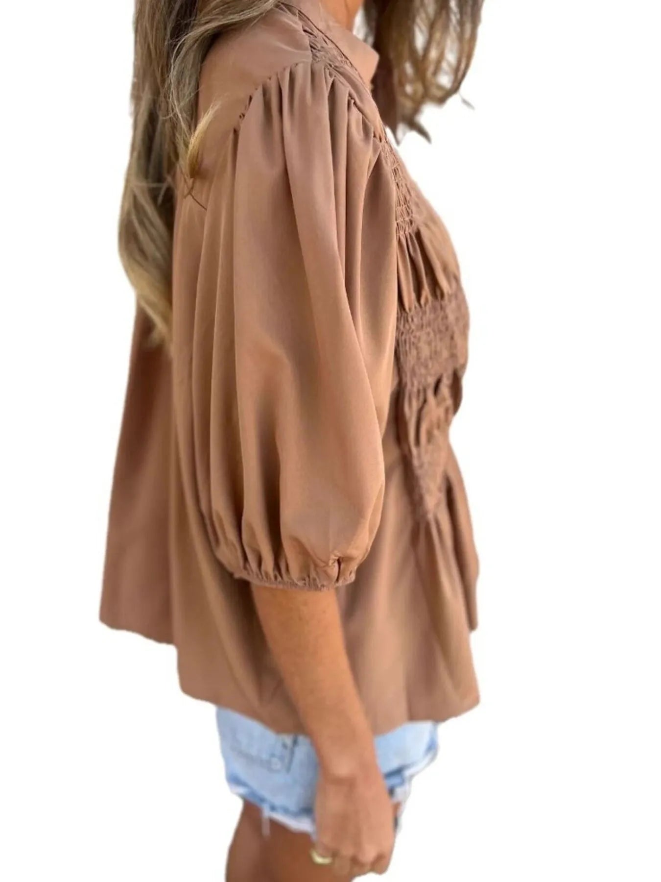 Fashorio Full Size Smocked Puff Sleeve Blouse Plus Size