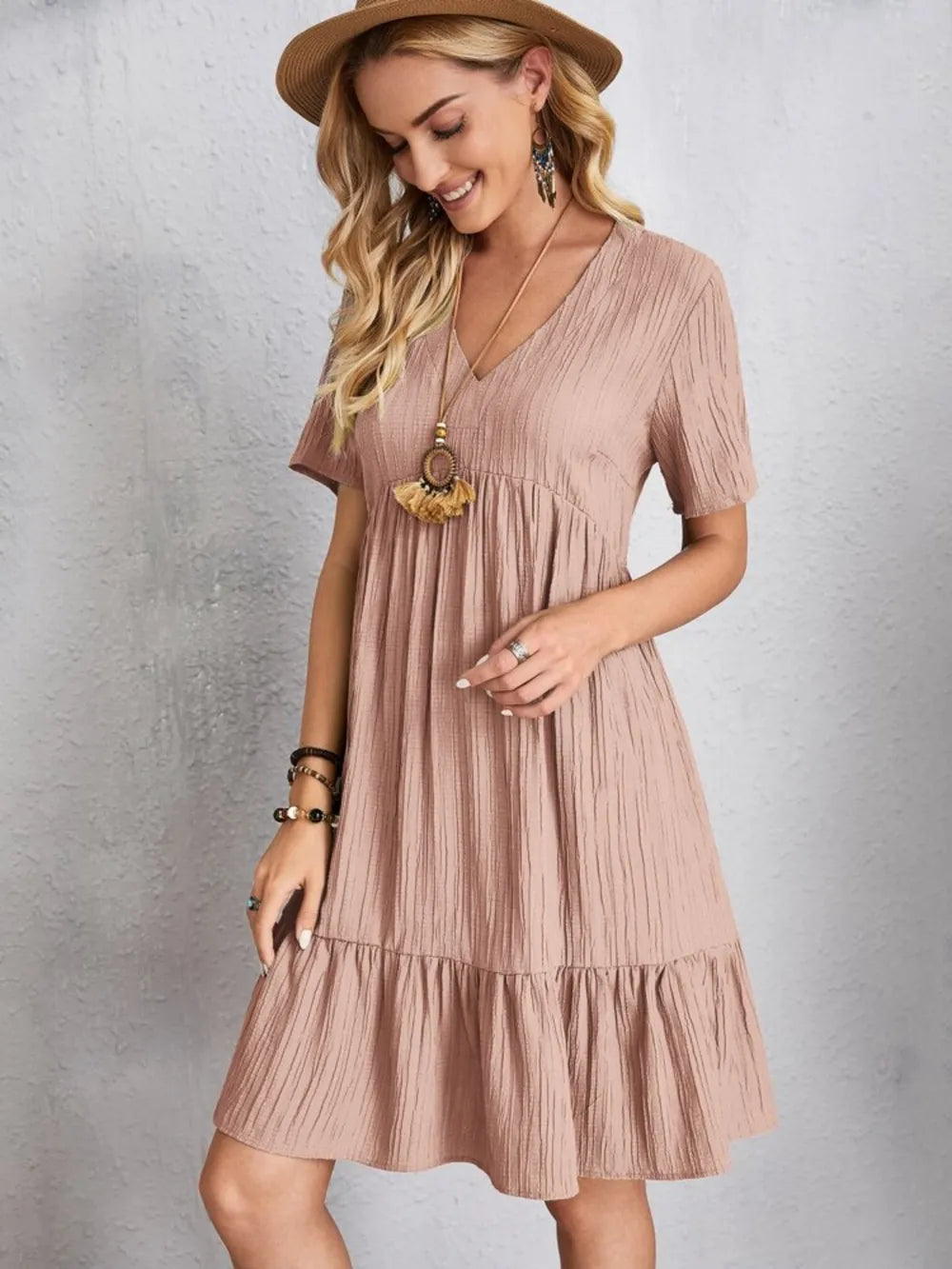 Fashorio Full Size V-Neck Short Sleeve Dress