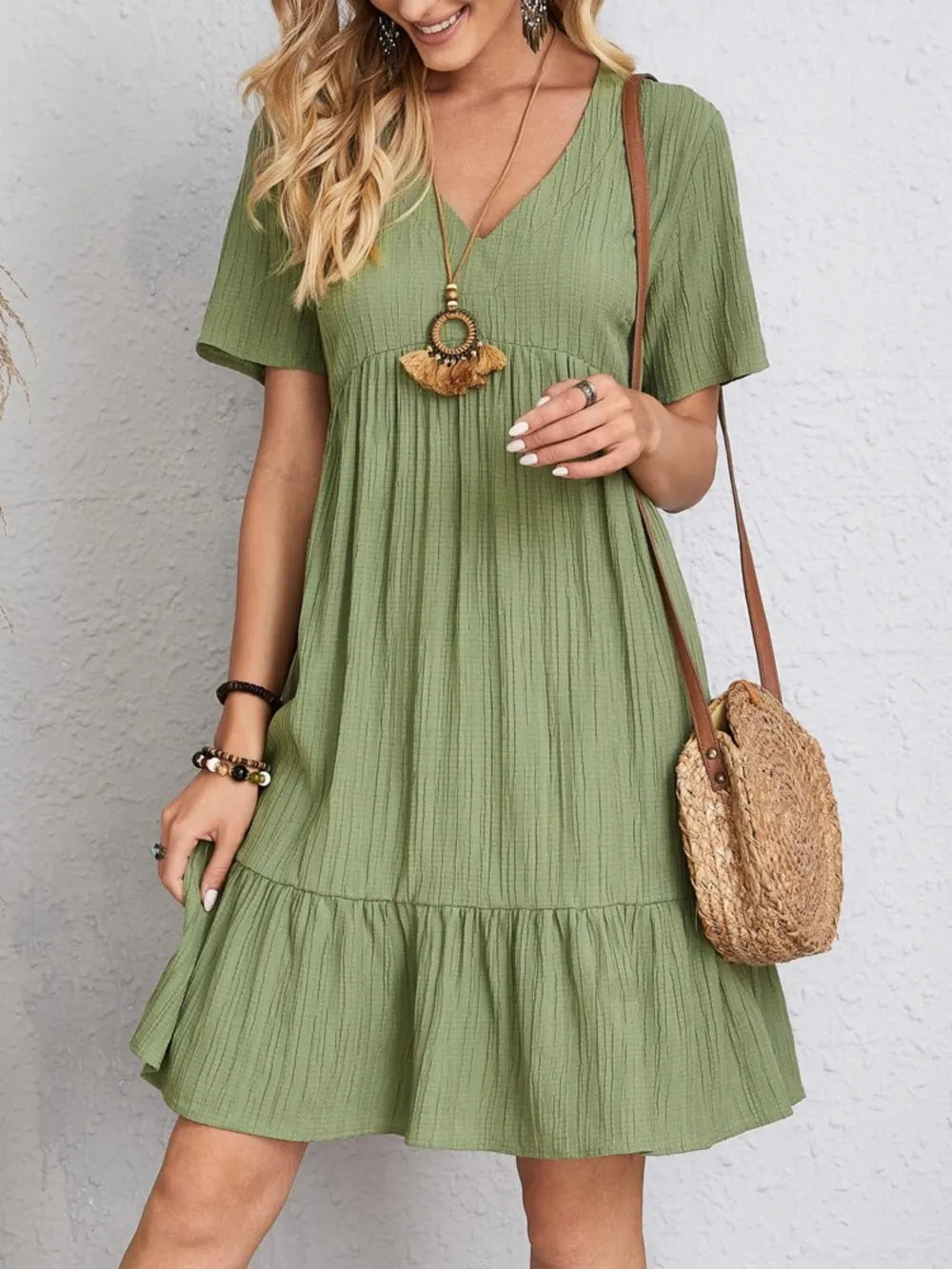 Fashorio Full Size V-Neck Short Sleeve Dress