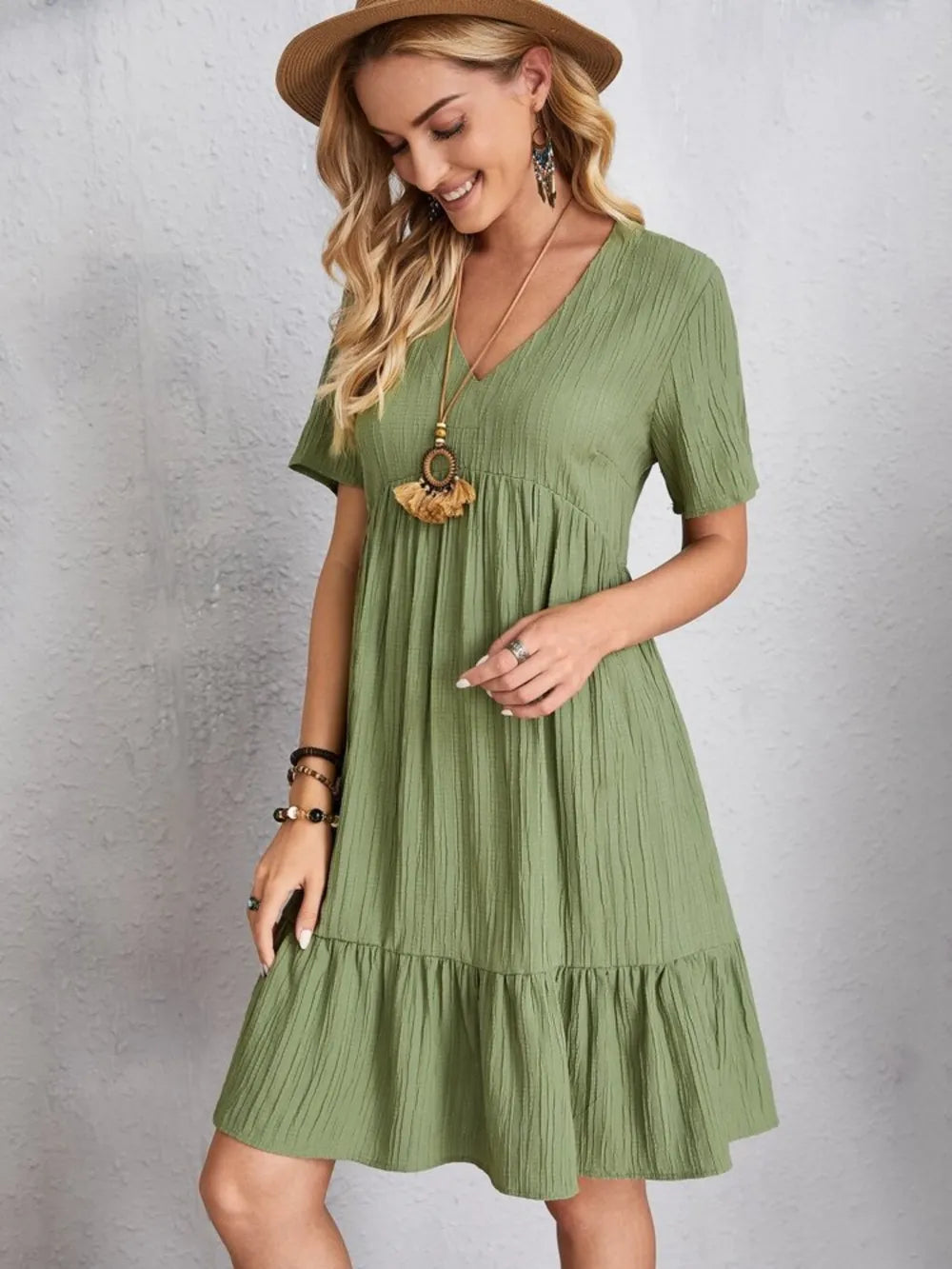 Fashorio Full Size V-Neck Short Sleeve Dress