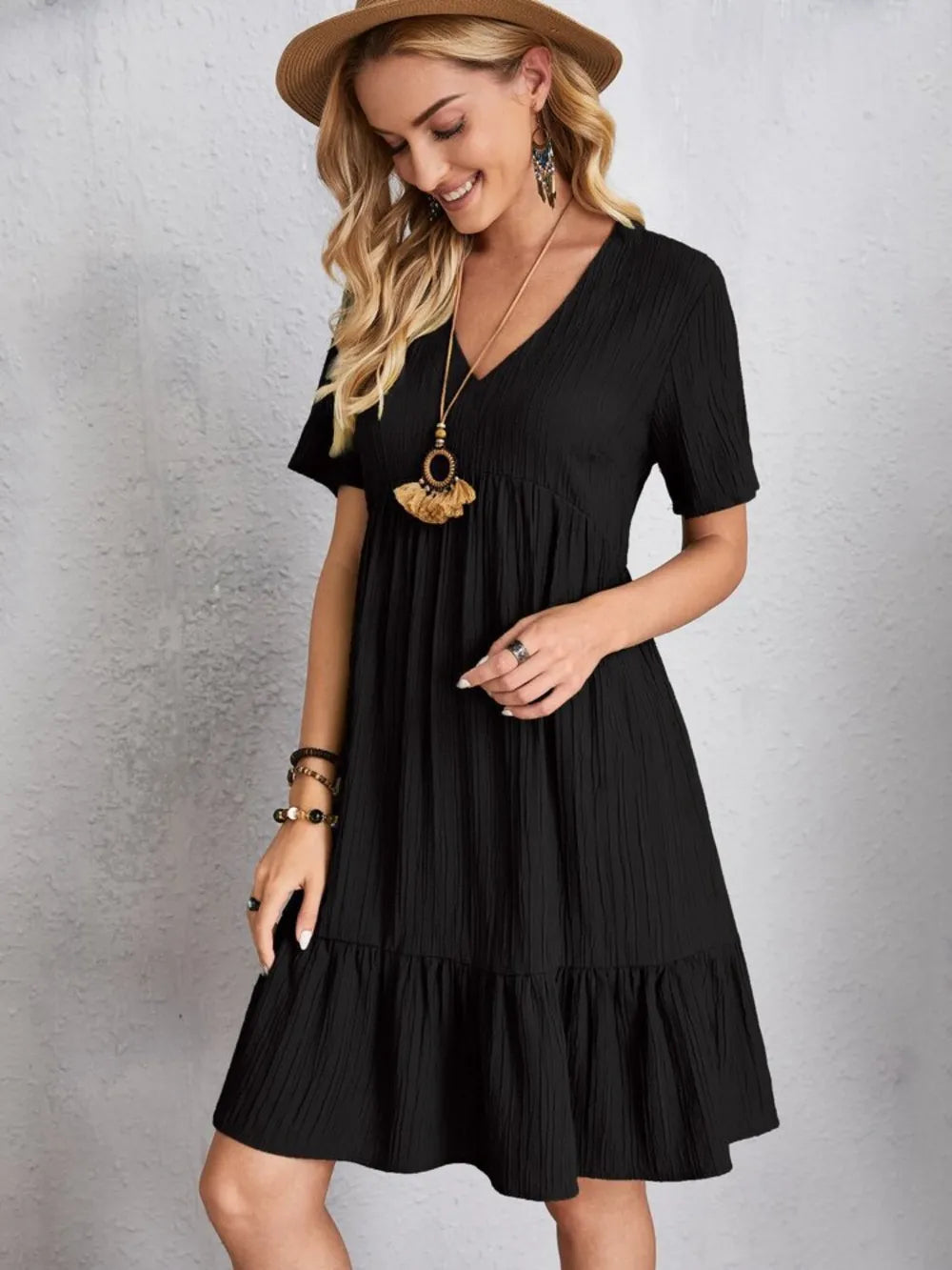Fashorio Full Size V-Neck Short Sleeve Dress