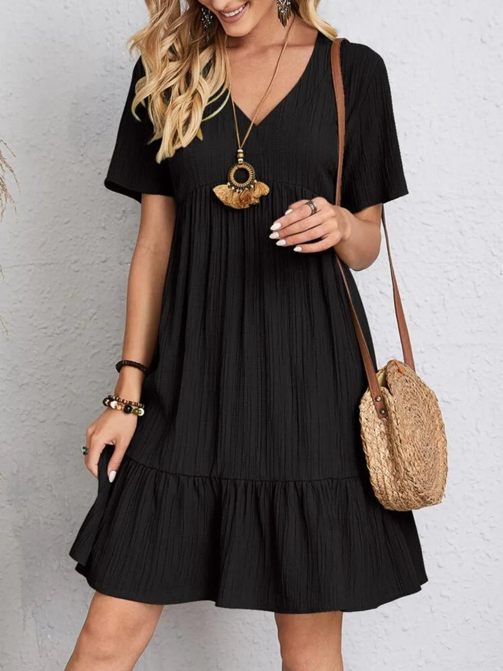 Fashorio Full Size V-Neck Short Sleeve Dress