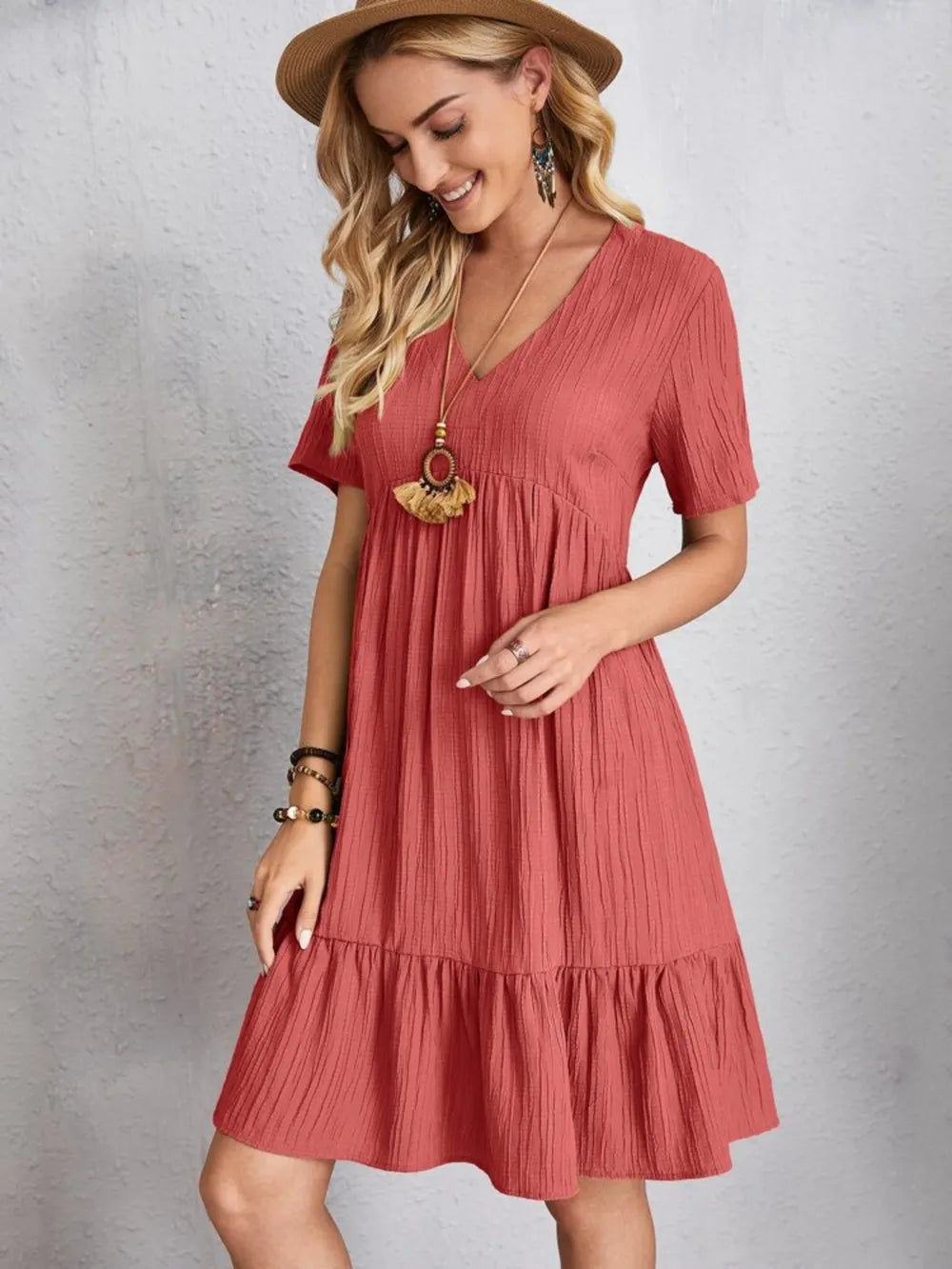 Fashorio Full Size V-Neck Short Sleeve Dress