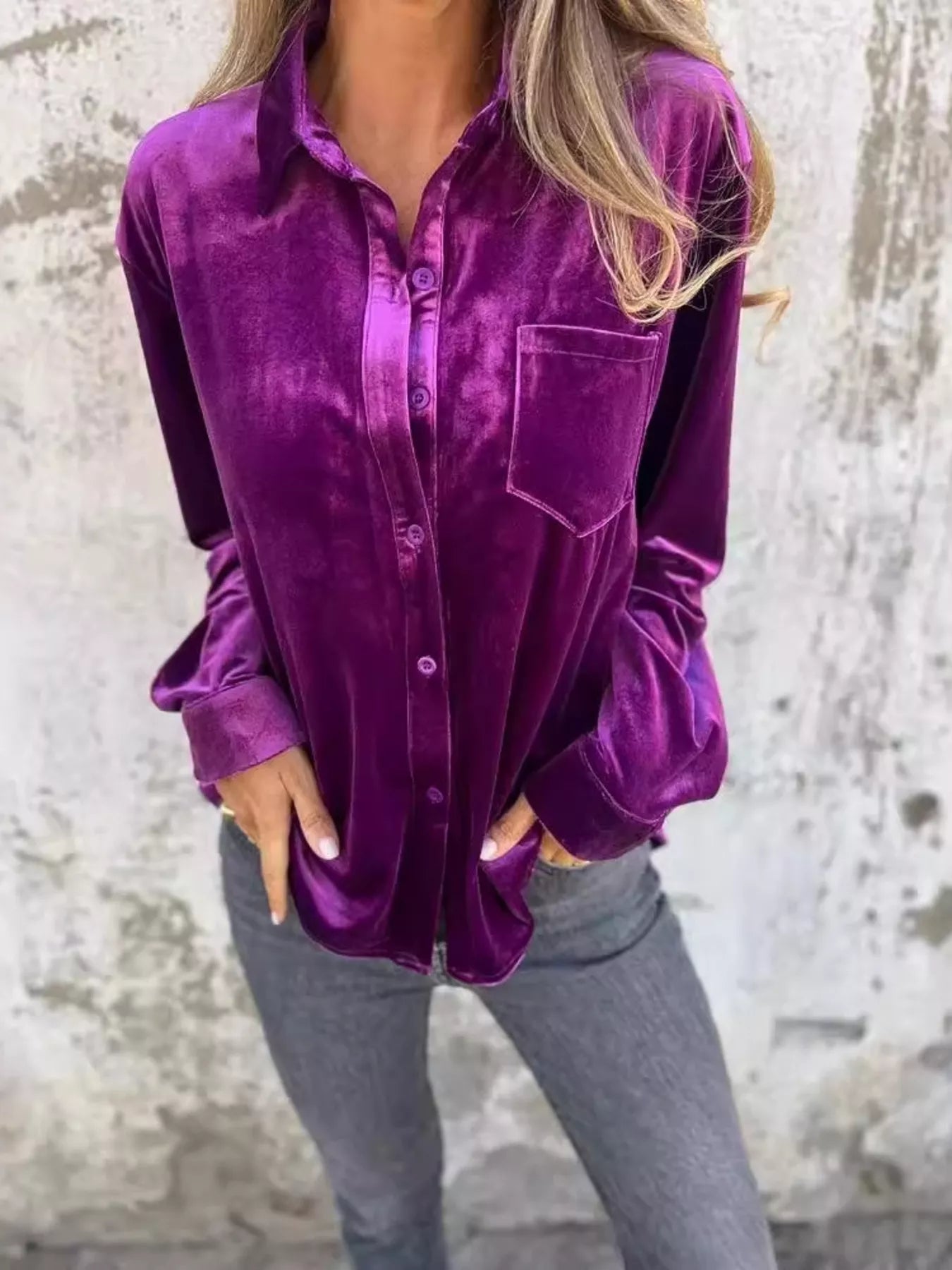 Fashorio Full Size Velvet Button-Up Long Sleeve Shirt Plus Size