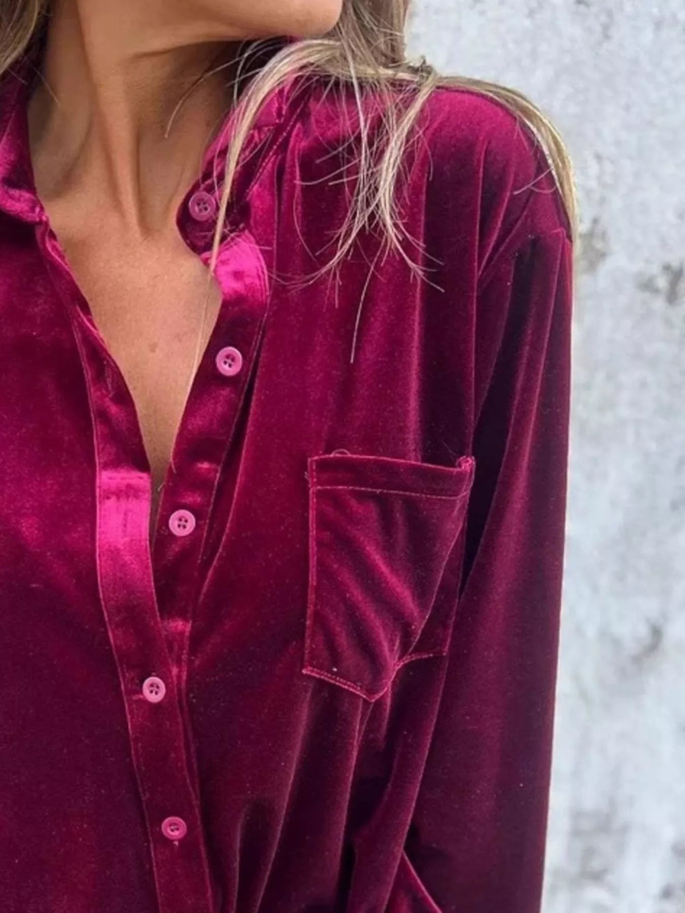 Fashorio Full Size Velvet Button-Up Long Sleeve Shirt Plus Size