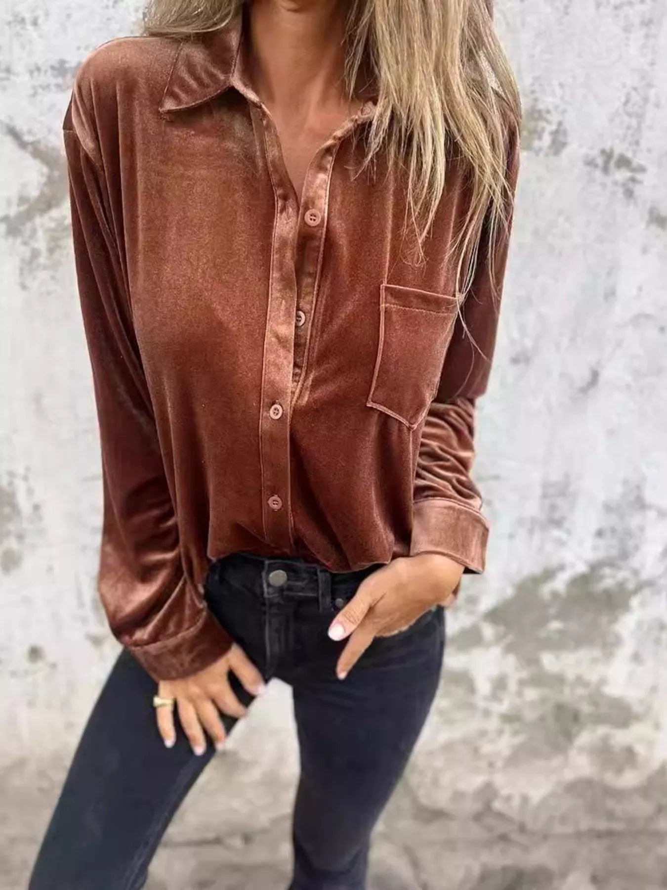 Fashorio Full Size Velvet Button-Up Long Sleeve Shirt Plus Size