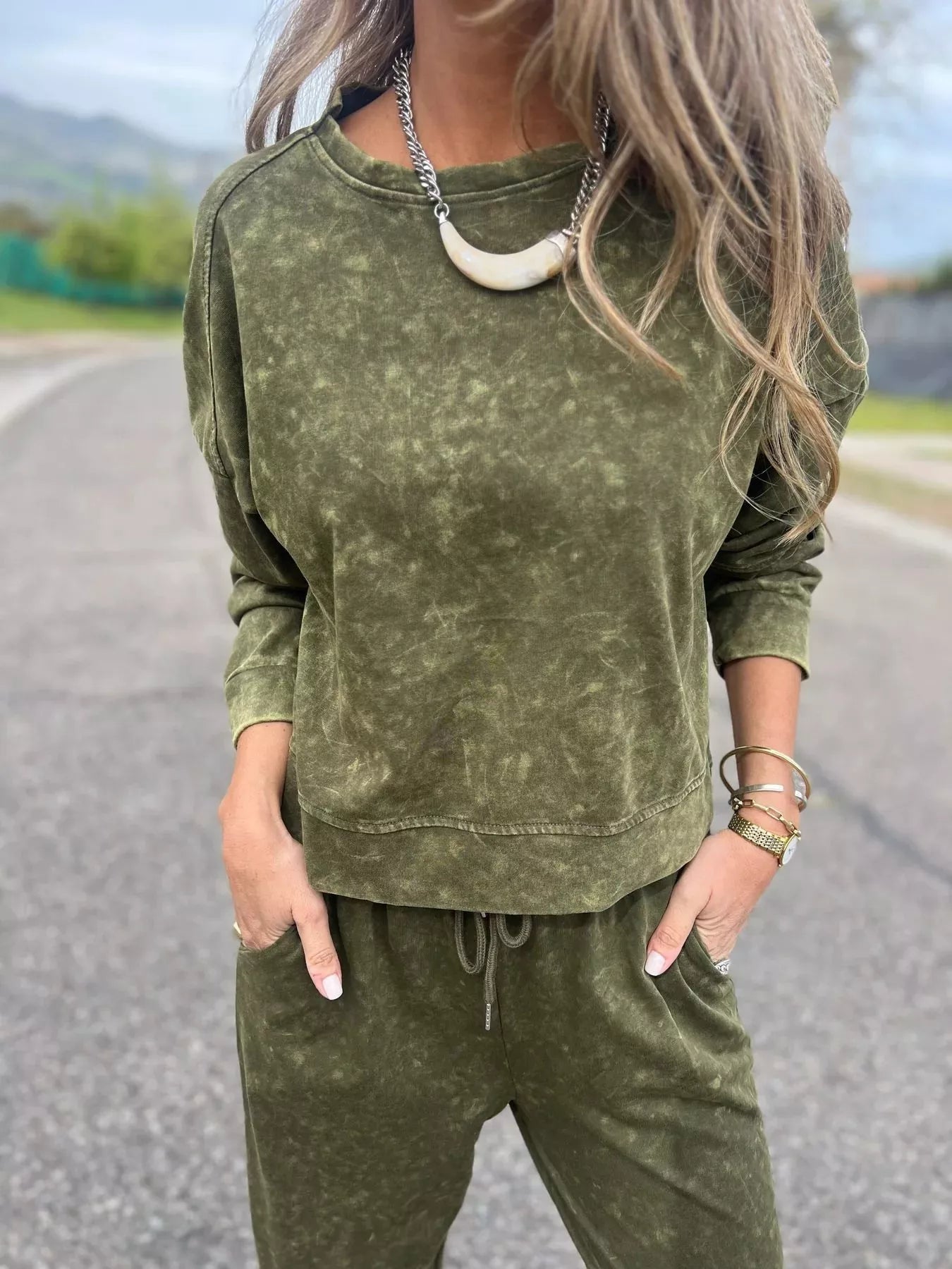 Fashorio Full Size Washed Round Neck Top and Drawstring Pants Set Plus Size