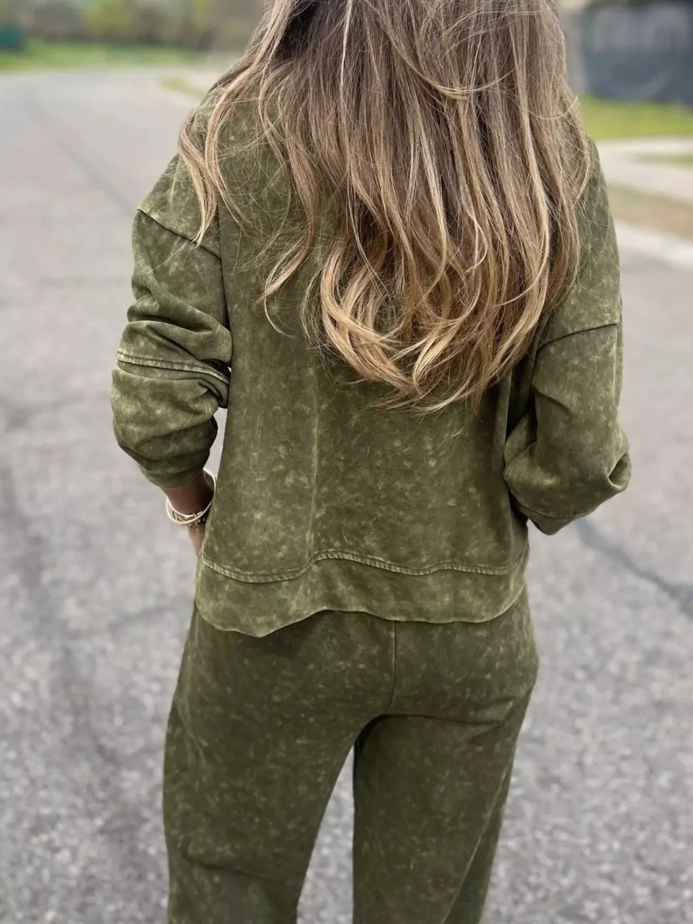 Fashorio Full Size Washed Round Neck Top and Drawstring Pants Set Plus Size