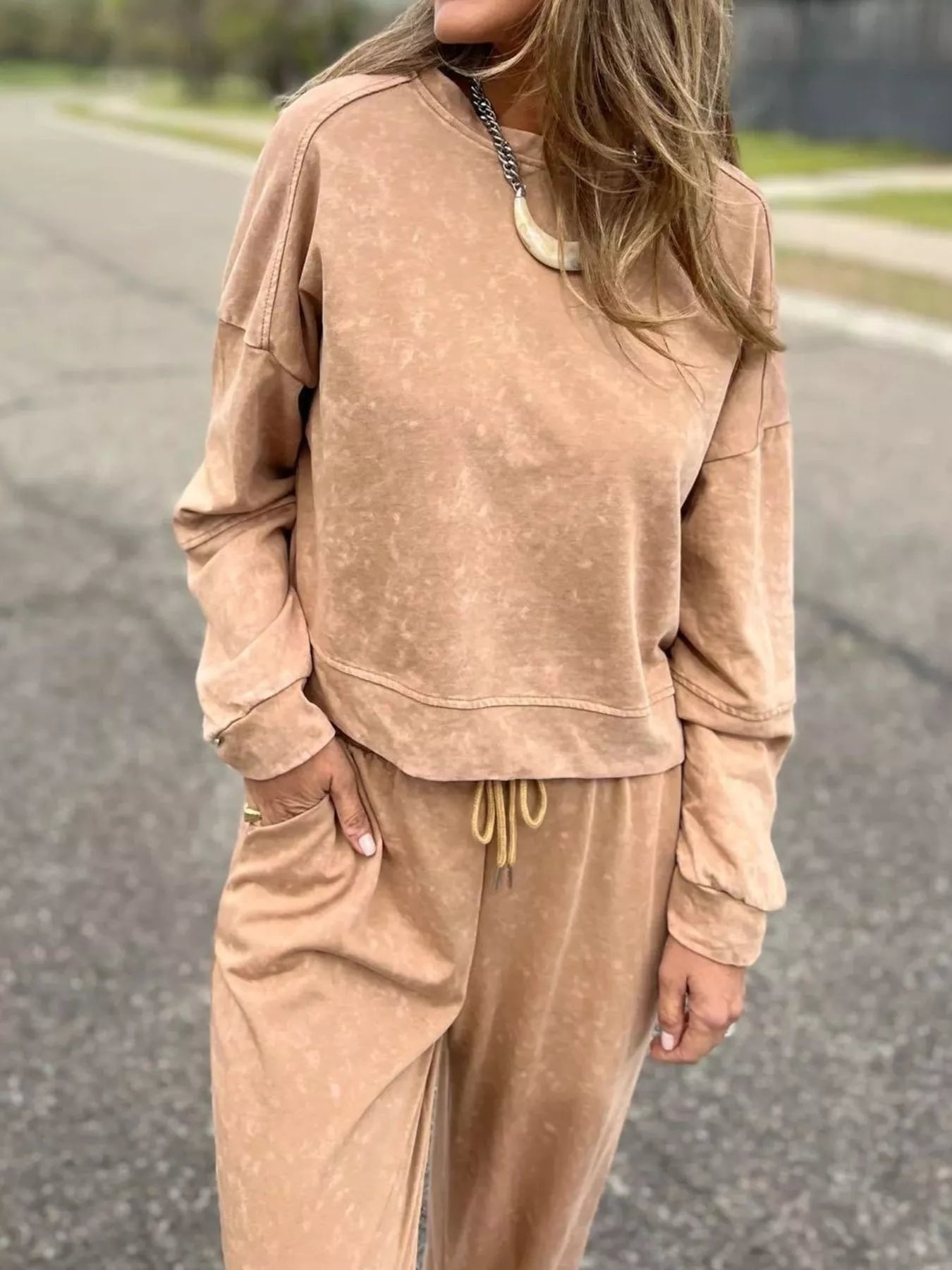 Fashorio Full Size Washed Round Neck Top and Drawstring Pants Set Plus Size