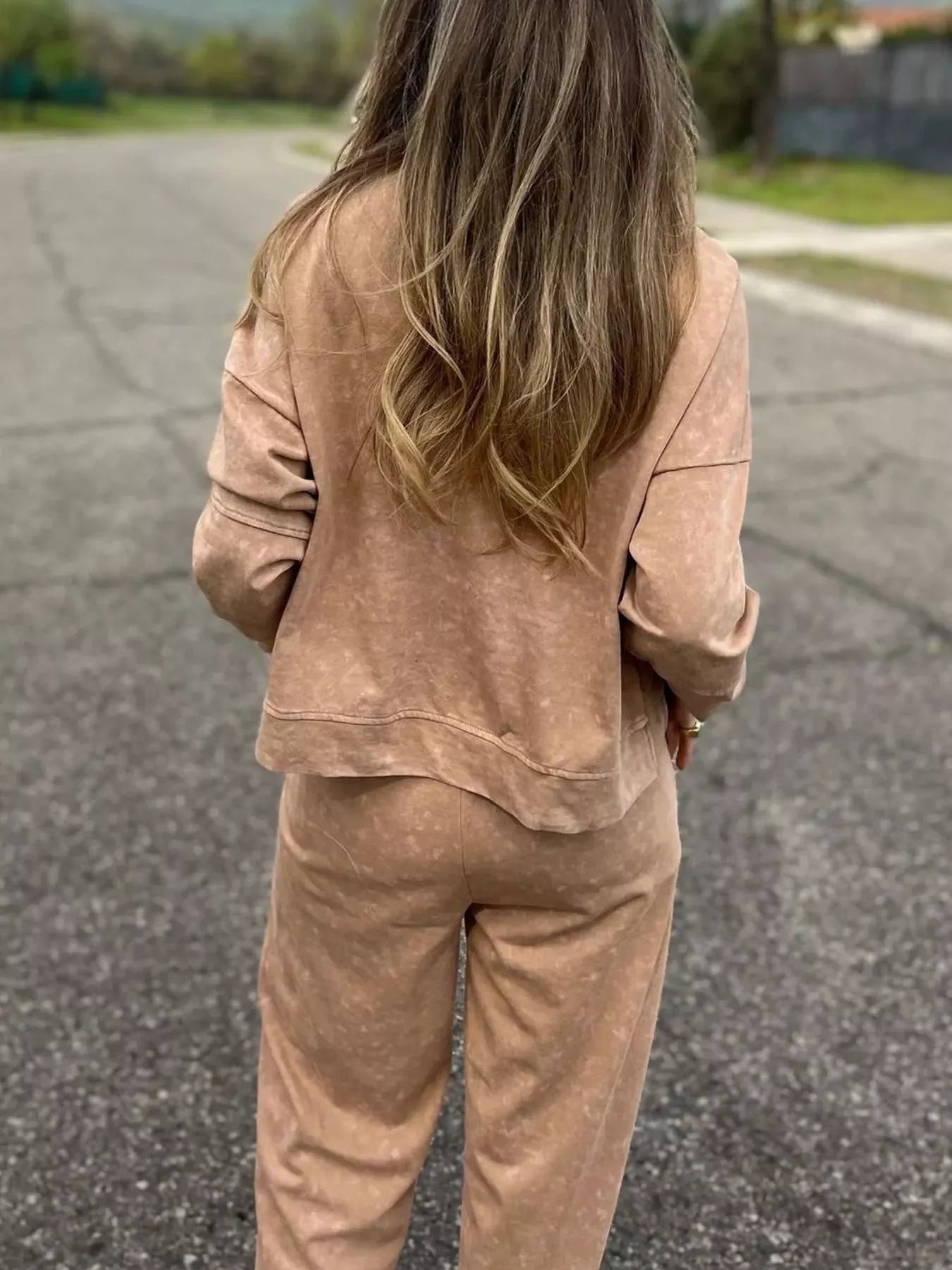 Fashorio Full Size Washed Round Neck Top and Drawstring Pants Set Plus Size