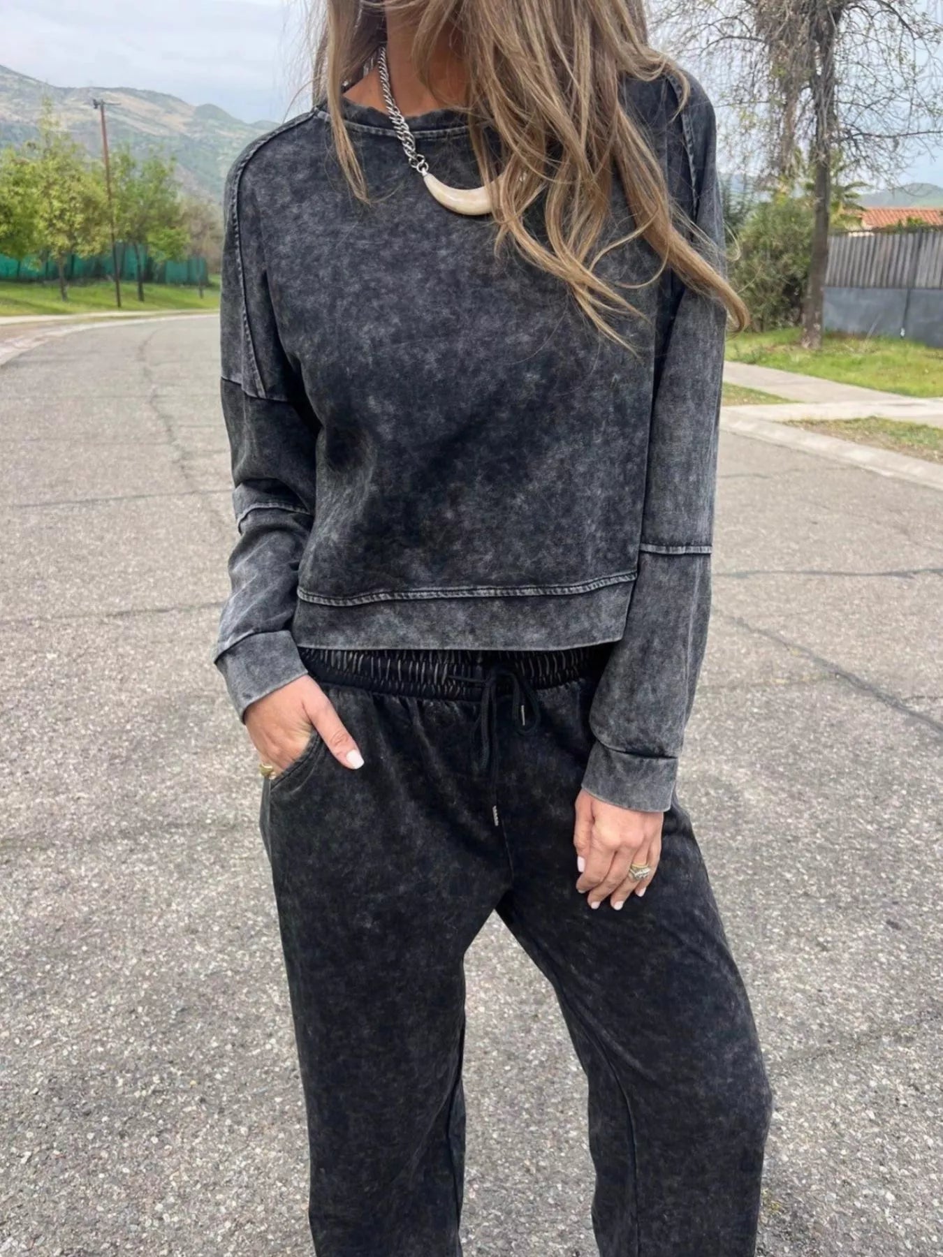 Fashorio Full Size Washed Round Neck Top and Drawstring Pants Set Plus Size