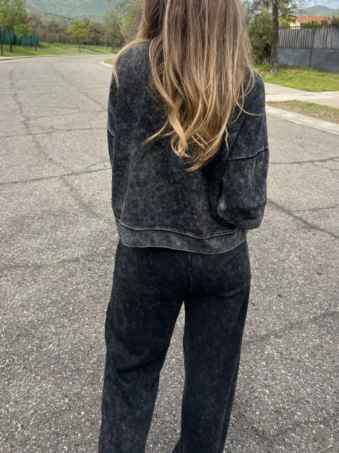 Fashorio Full Size Washed Round Neck Top and Drawstring Pants Set Plus Size