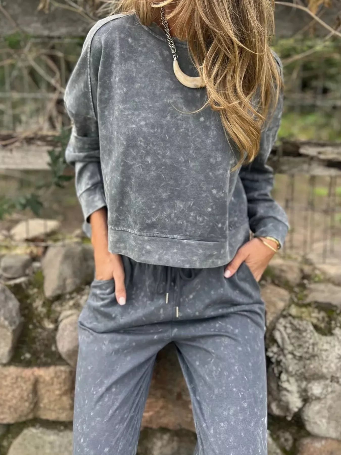 Fashorio Full Size Washed Round Neck Top and Drawstring Pants Set Plus Size