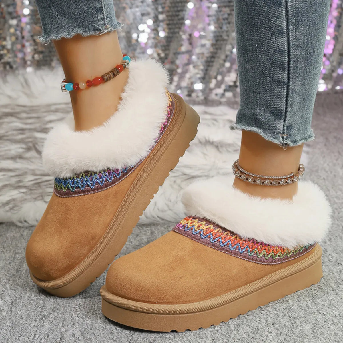Fashorio Fur-Lined Platform Boots with Decorative Woven Strap