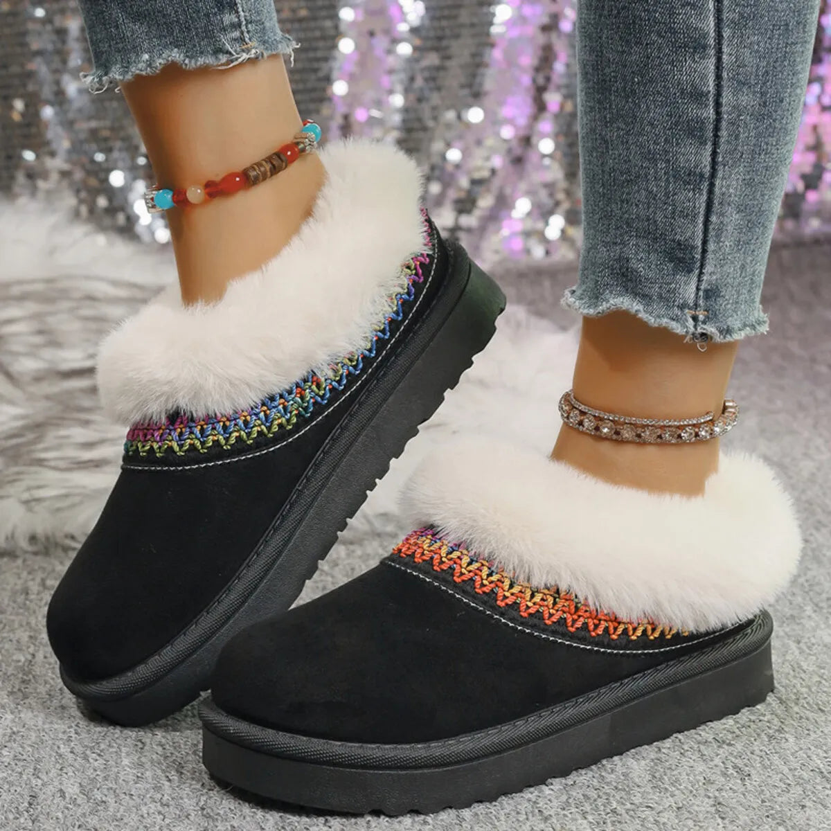 Fashorio Fur-Lined Platform Boots with Decorative Woven Strap