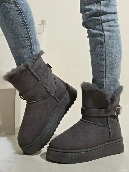 Fur Lining Ankle Boots with Buckle Strap - Fashorio