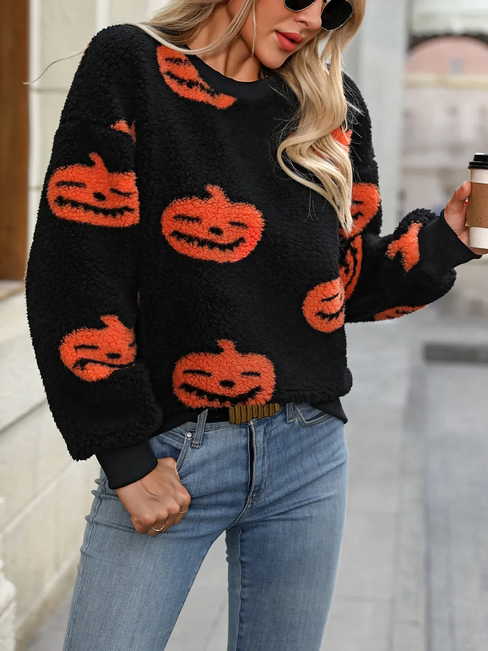 Fashorio Fuzzy Pumpkin Round Neck Dropped Shoulder Sweater
