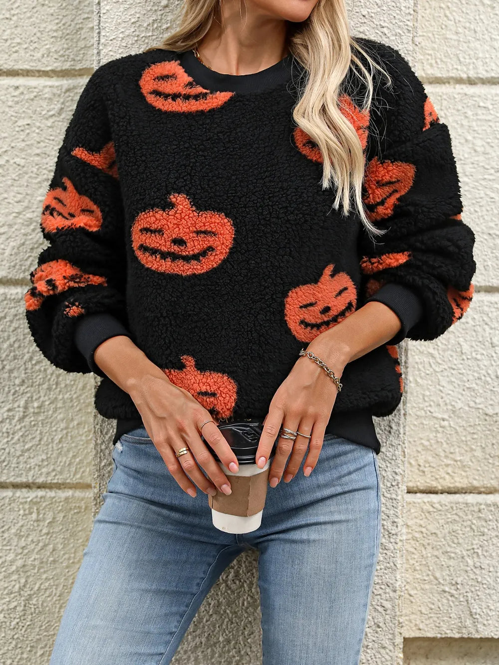 Fashorio Fuzzy Pumpkin Round Neck Dropped Shoulder Sweater