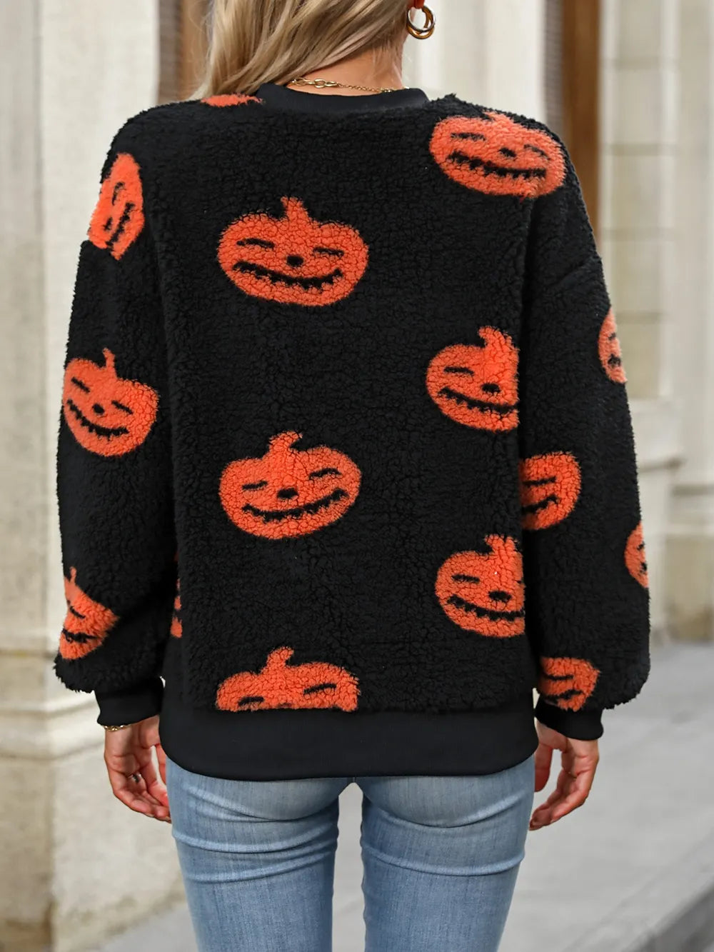 Fashorio Fuzzy Pumpkin Round Neck Dropped Shoulder Sweater