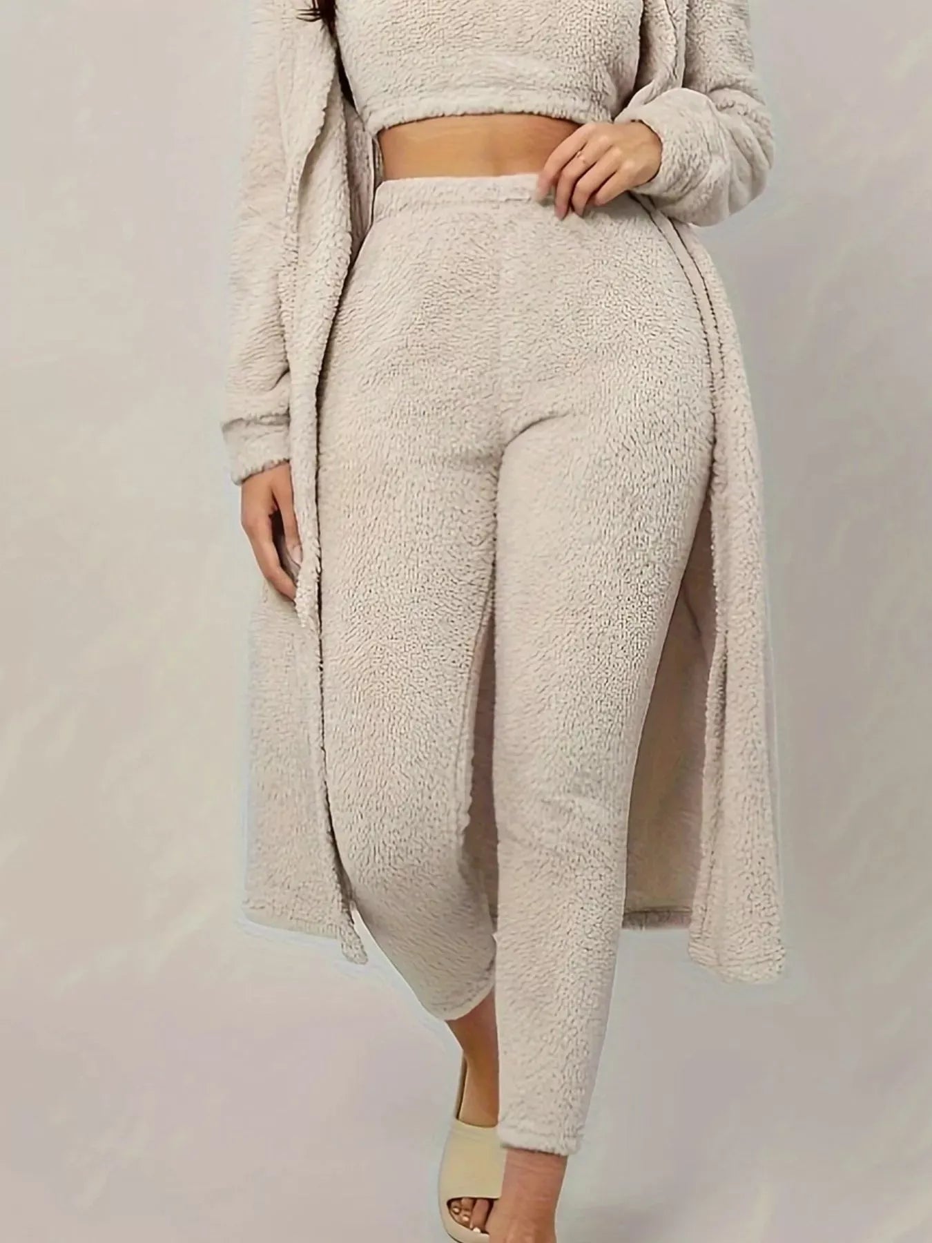 Fashorio Fuzzy Tank Long Sleeve Cardigan and Pants 3-Piece Lounge Set