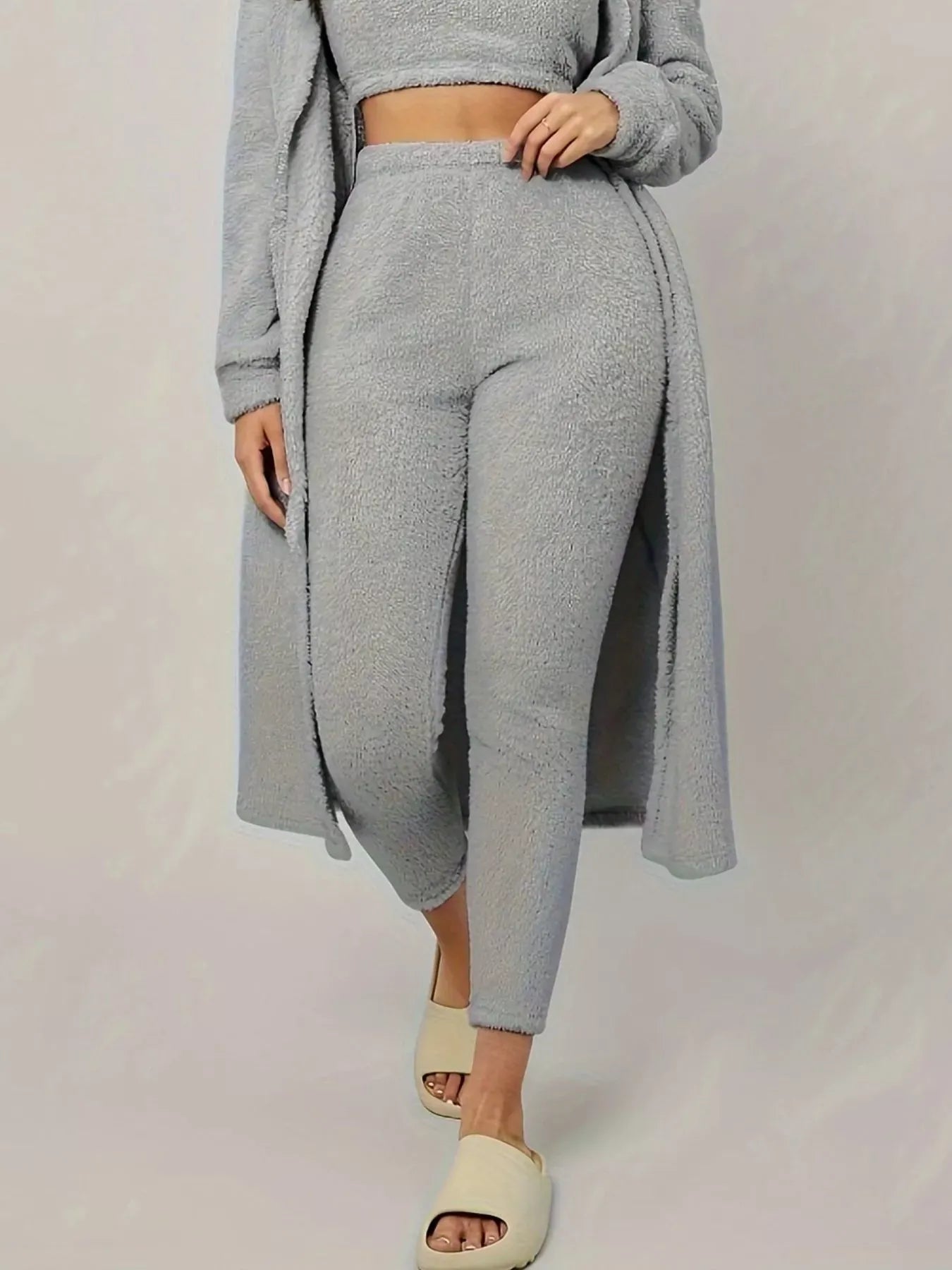 Fashorio Fuzzy Tank Long Sleeve Cardigan and Pants 3-Piece Lounge Set