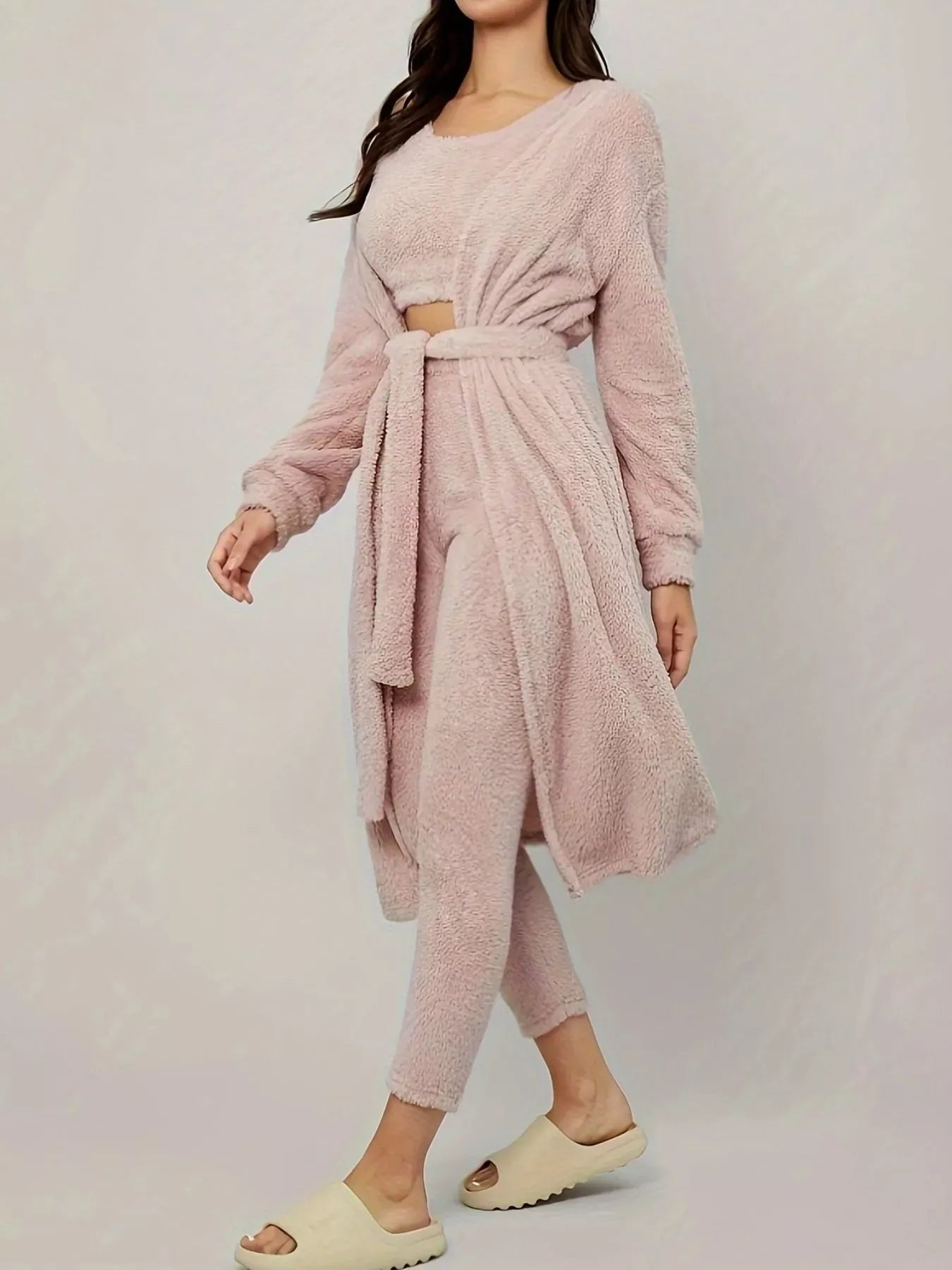Fashorio Fuzzy Tank Long Sleeve Cardigan and Pants 3-Piece Lounge Set